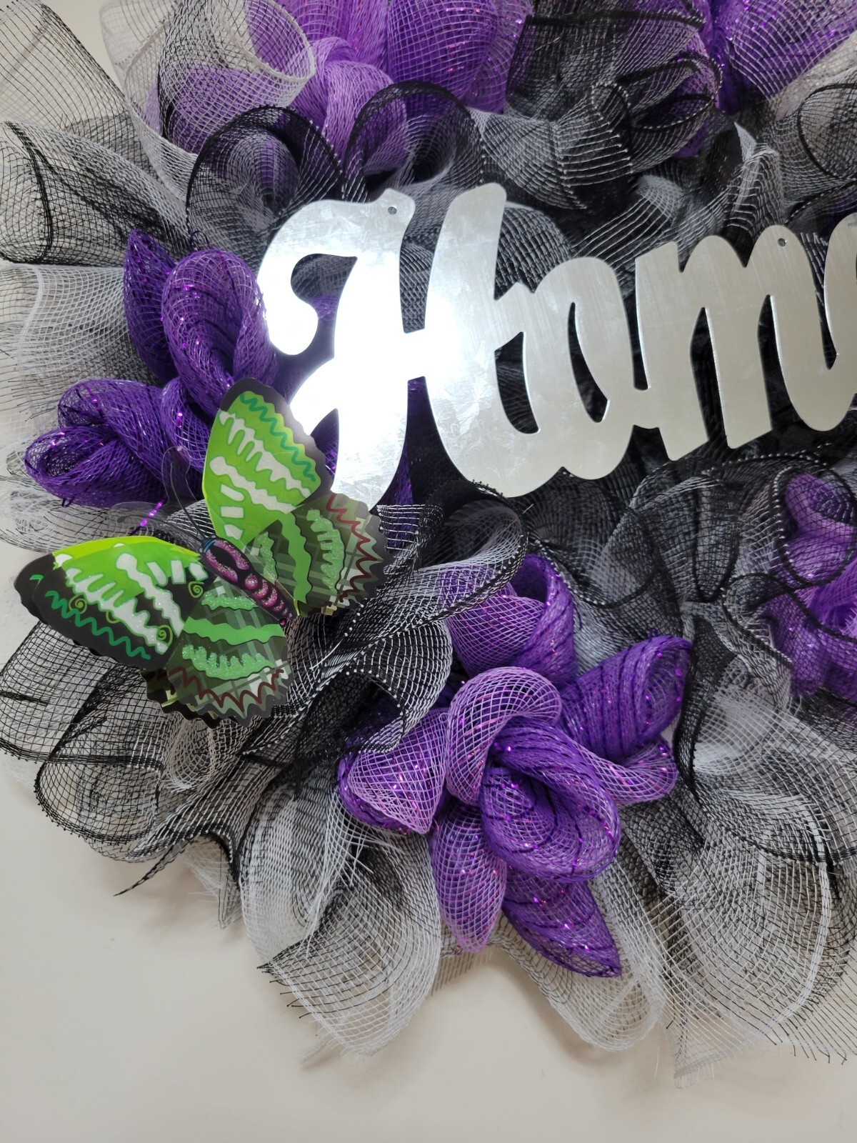 HOME black purple white Spring Summer Fall Wreath bunny Mesh Front Door Decor