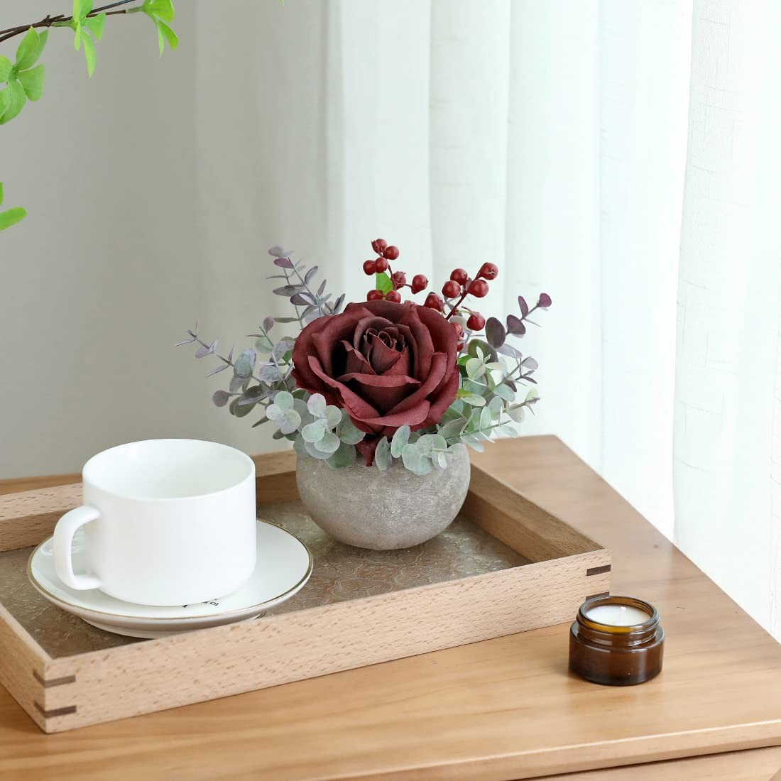 Small Artificial Burgundy Rose Potted Plant, 6″ Fake Silk Flowers in 3.5″ Rou…