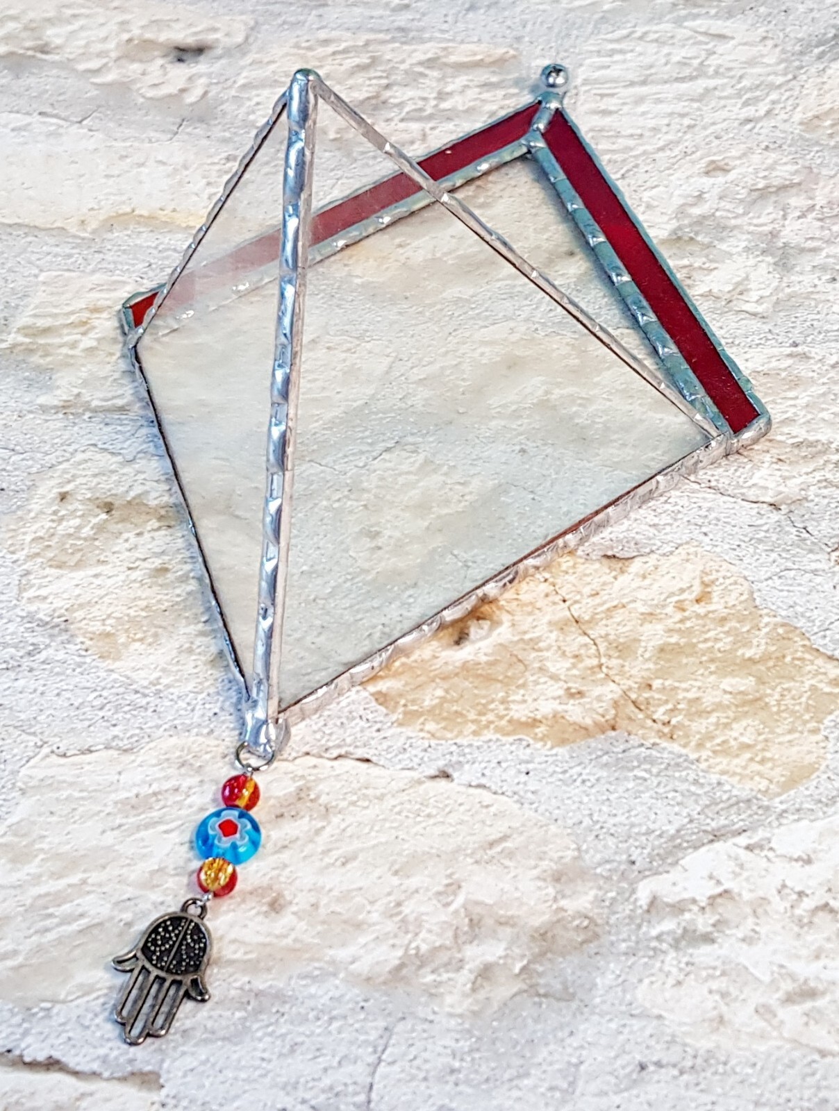 Transparent Terrarium in Shaped of Diamond Stained Glass with Red frame