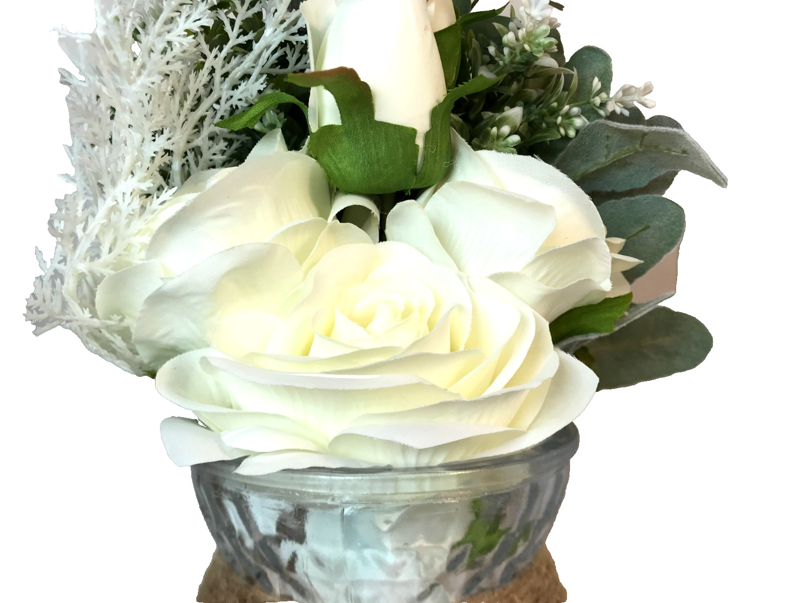 Faux White Silk Rose Flower Arrangement Glass Vase Rustic Decoration 2 Pack
