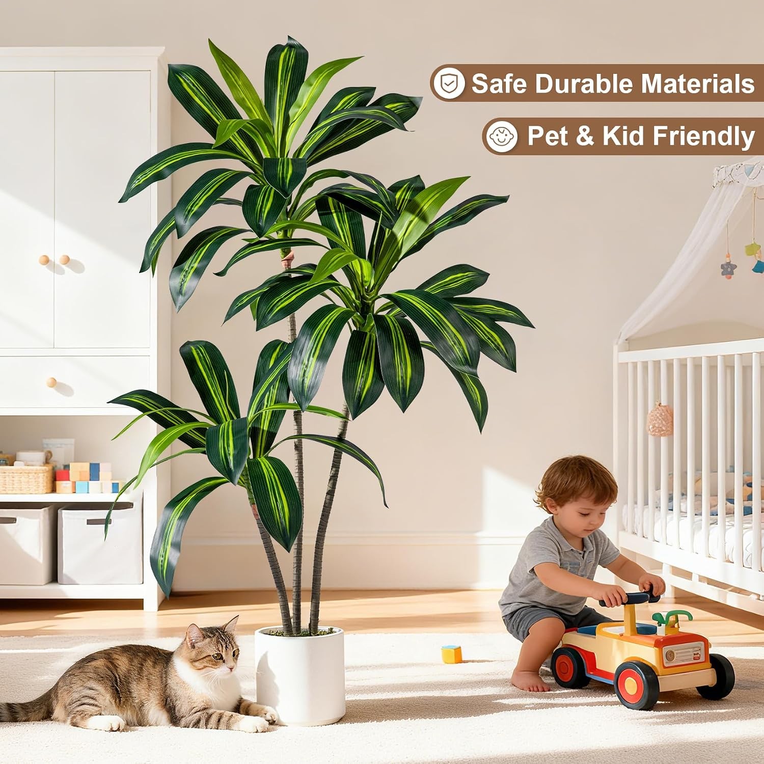 Erimda Artificial Fiddle Leaf Fig Tree 7ft with White Planter Realistic Fiddle