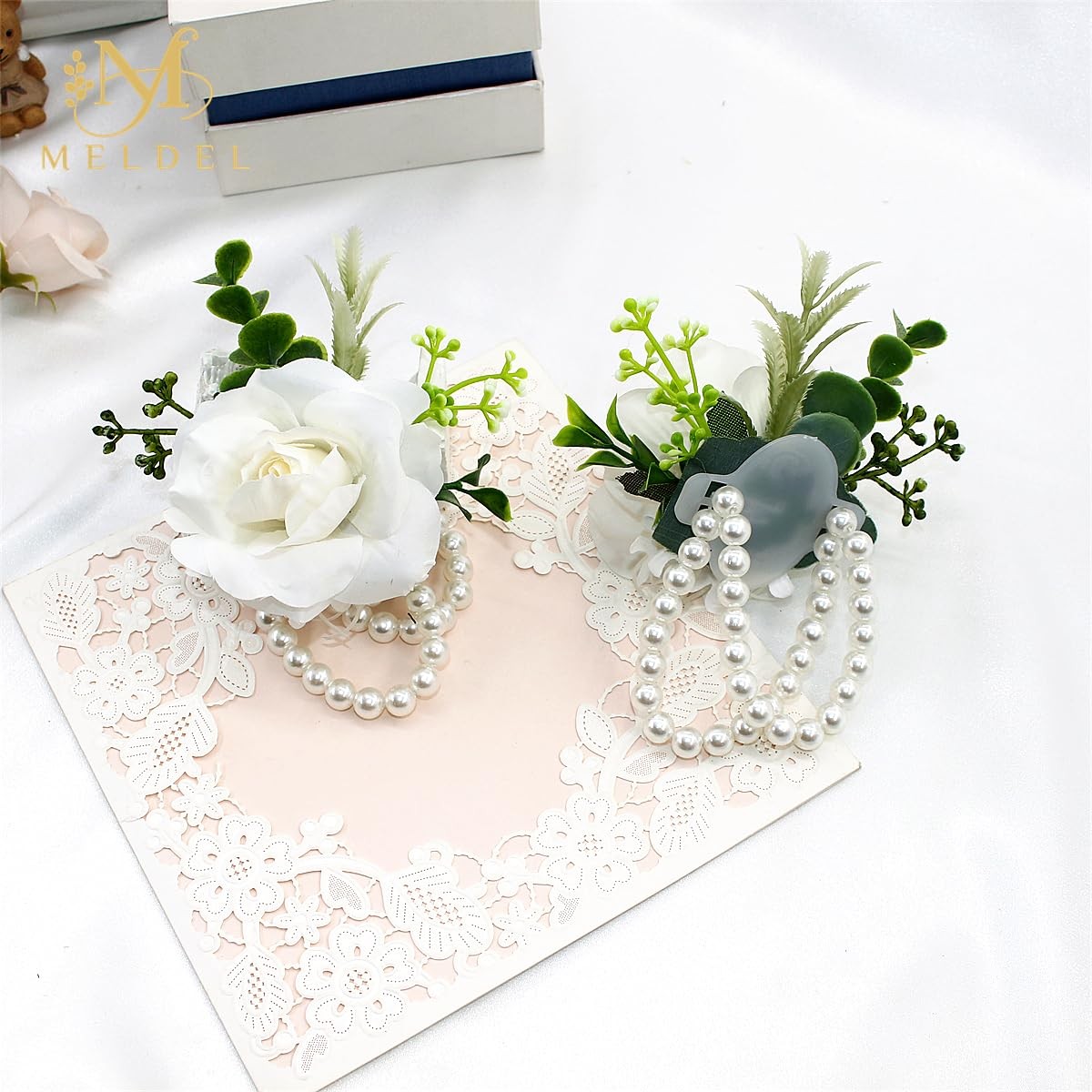 2 PCS White Rose Wrist Corsage Artificial Silk Flower Wedding Bridal Prom Pro