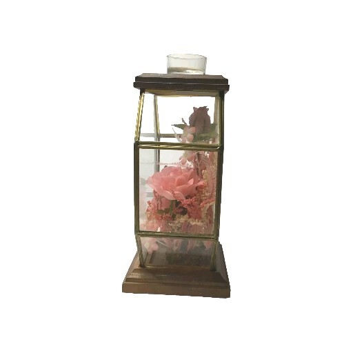 Display Case w Tea Lite Holder Pink Silk Flowers Wood and Brass Vintage