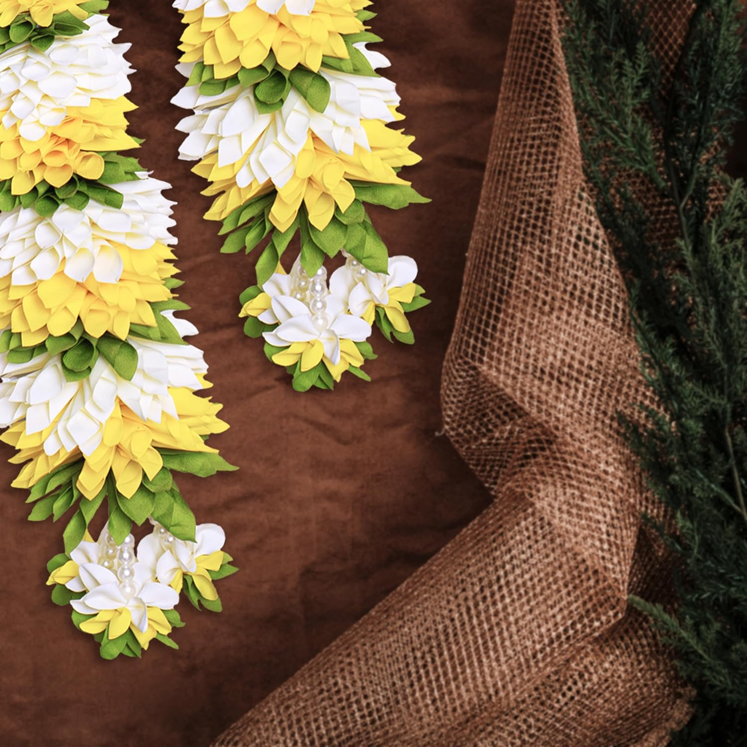 Meezo Flower Garland –5 Feet Cloth Flowers with Green Leaf Accents, Diwali Decor