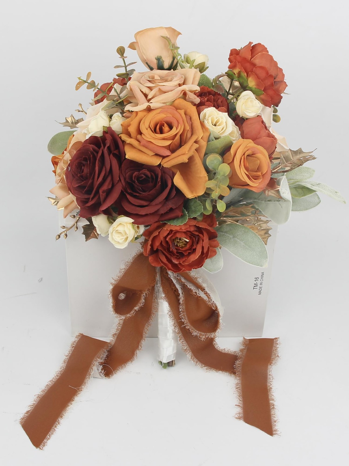 Rinlong 9″ Wide Burnt Orange Wedding Bouquet for Bride, Rustic Terracotta Art…