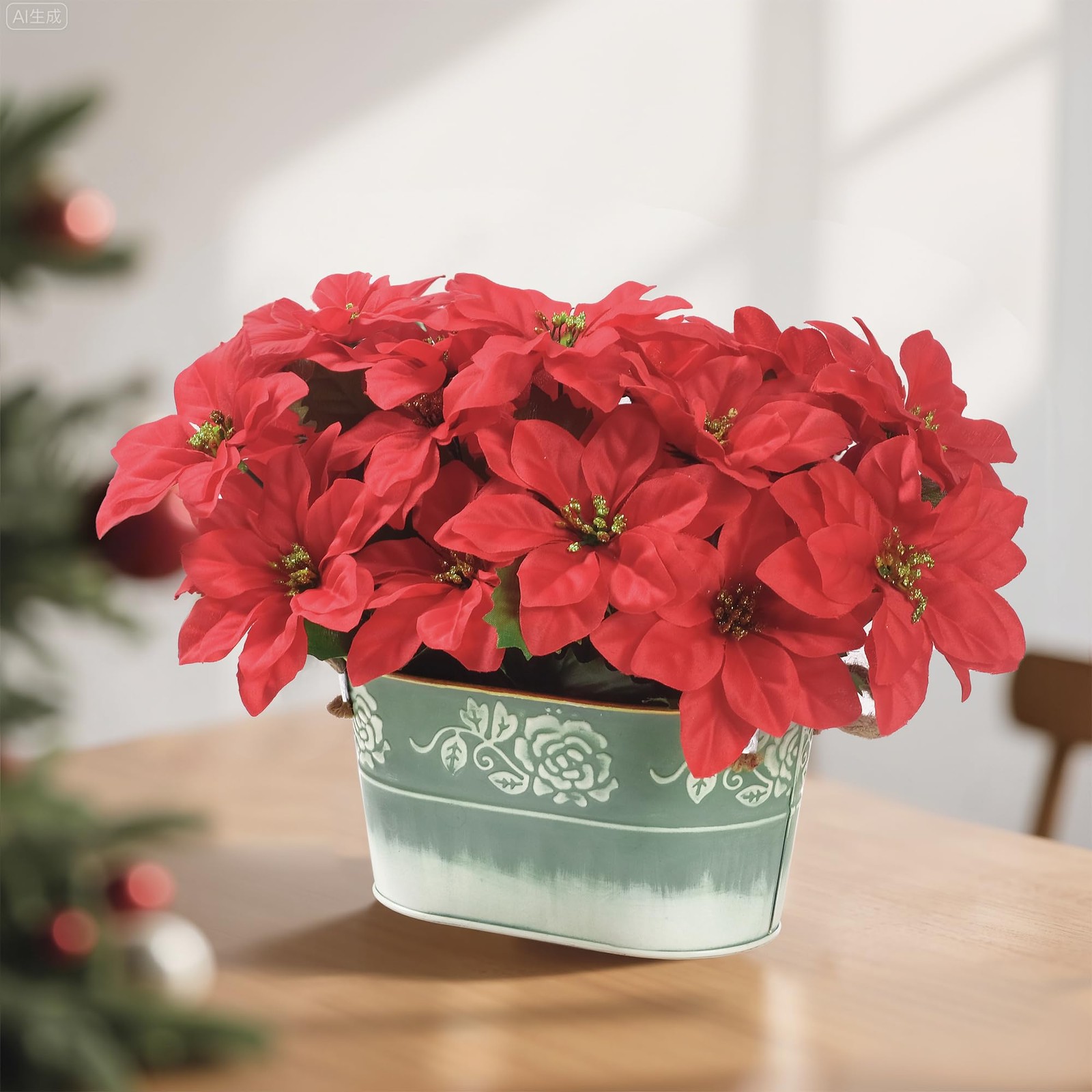 Artificial Red Poinsettia Floral Arrangement Green Metal Planter Jute Rope Use