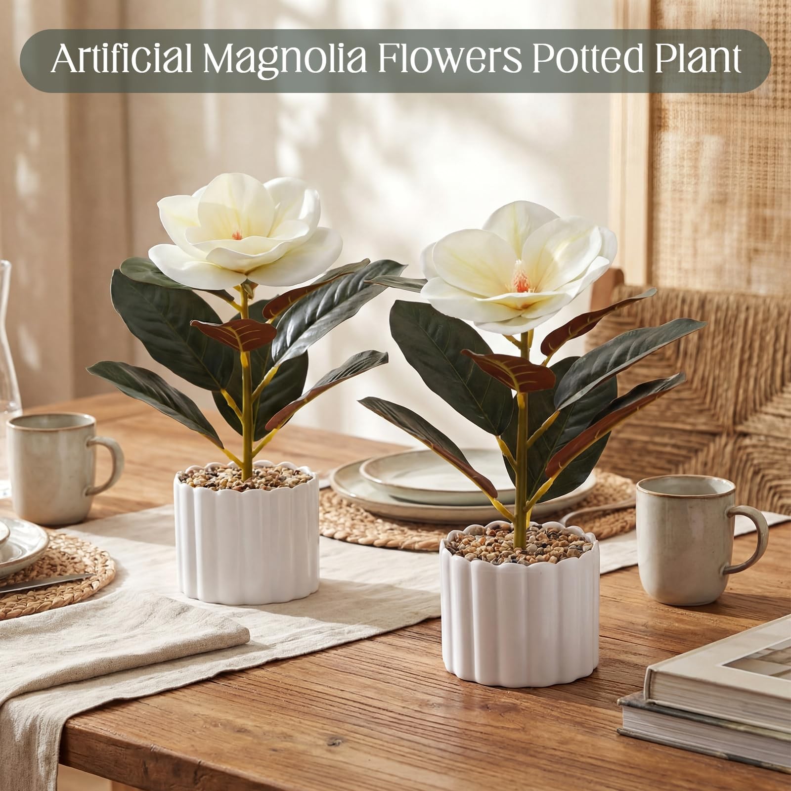 2 Pack 10.6″ Artificial Magnolia Flowers Potted Plant Real to Touch White Mag…