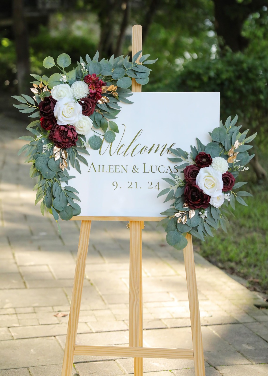 Artificial Burgundy Wedding Arch Flower Swags Set of 2 Welcome Sign Decor