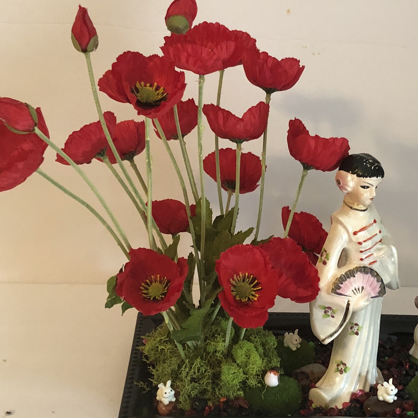 OOAK Asian Art Assemblage Geisha Garden Diorama Faux Poppies Home Decor
