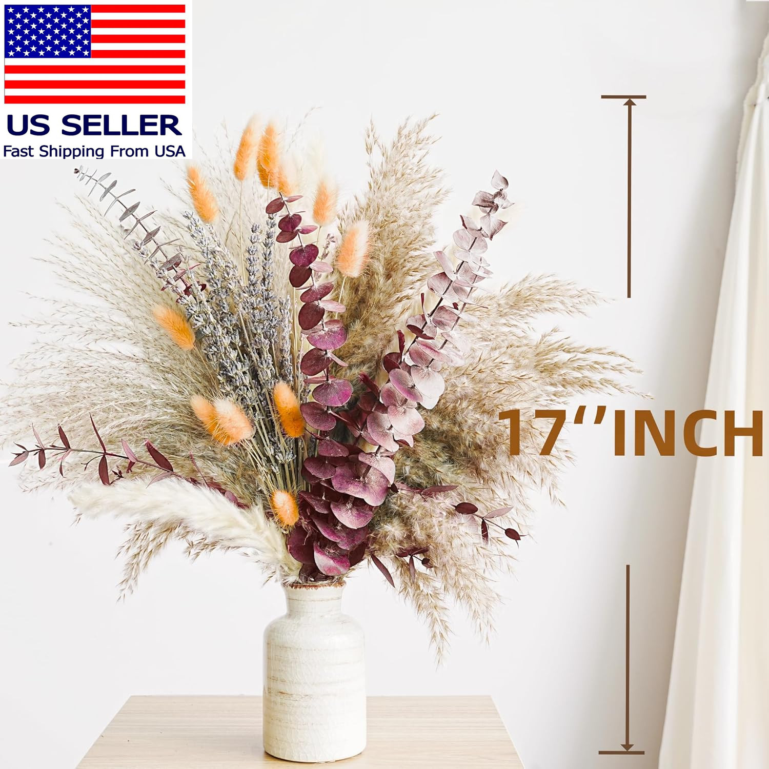Fall Dried Flower Bouquet with Pampas Grass, Orange Bunny Tails, Lavender & Red