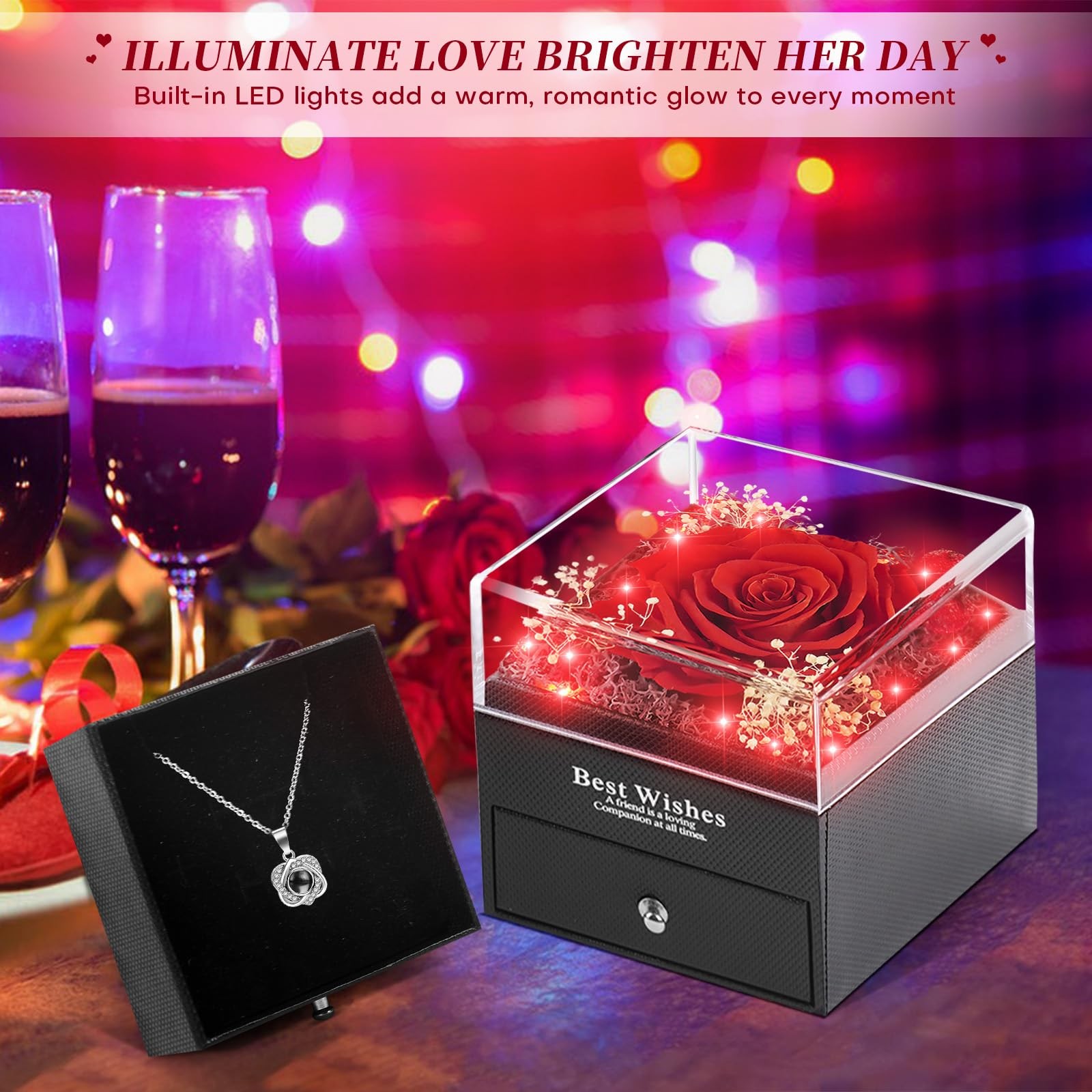 Lighted Preserved Real Rose with I Love You Heart Necklace, Gifts for Christm…
