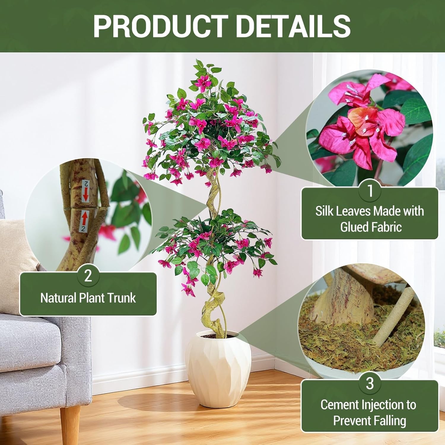 5FT Artificial Bougainvillea Tree in White Pot Fake Pink Flower Decor Faux Plant