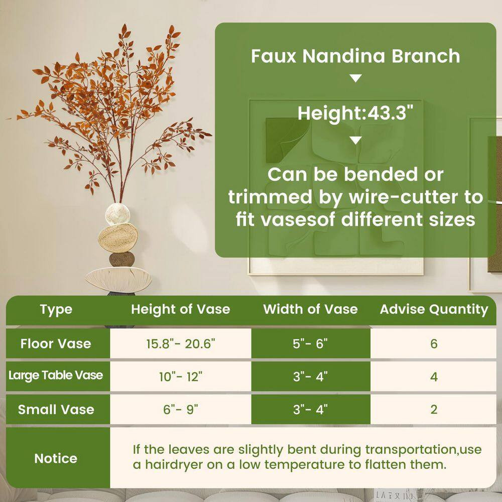 43.3 In. Autumn Artificial Foliage Nandina Branches with Lifelike Leaves for Vas