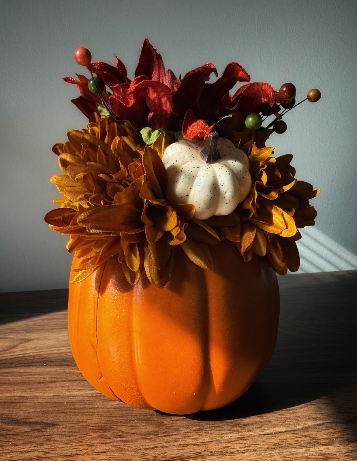 Handmade Fall Colors Centerpiece In A Warm, Festive Pumpkin With Silk Flowers