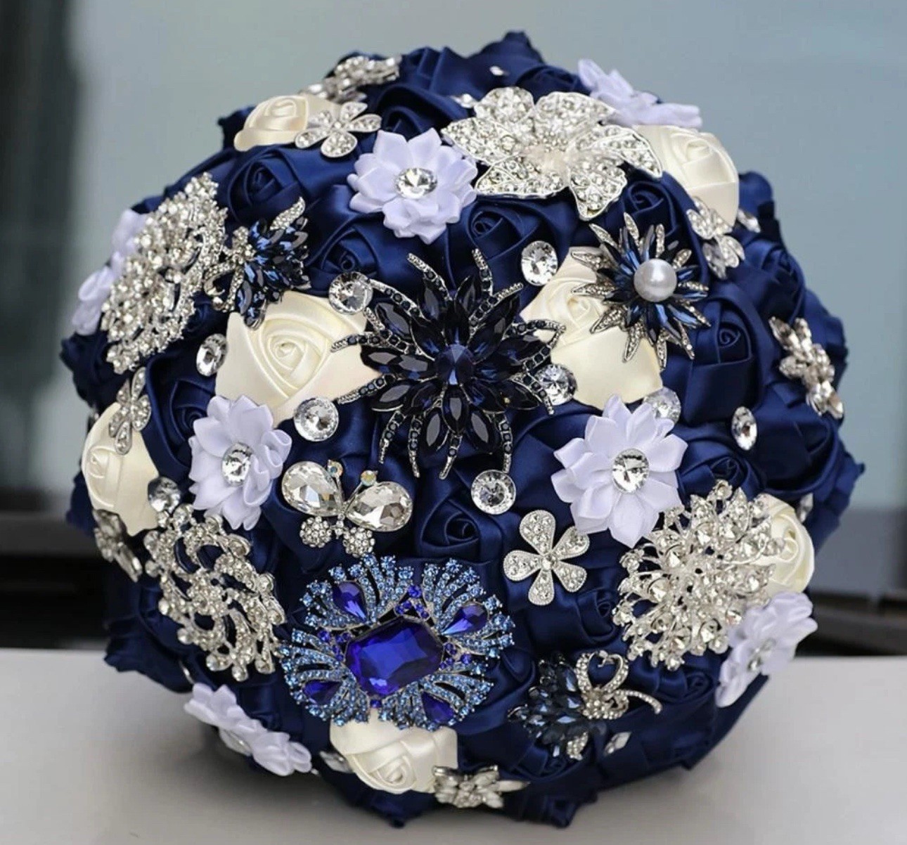 Quinceañera Bouquet with Luxury Bling Rhinestone Brooch Satin Rose Royal Blue