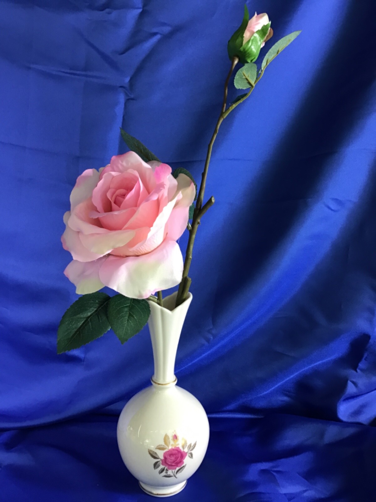 Lenox Vase with Pink Rose & Bud Artificial Flower Arrangement