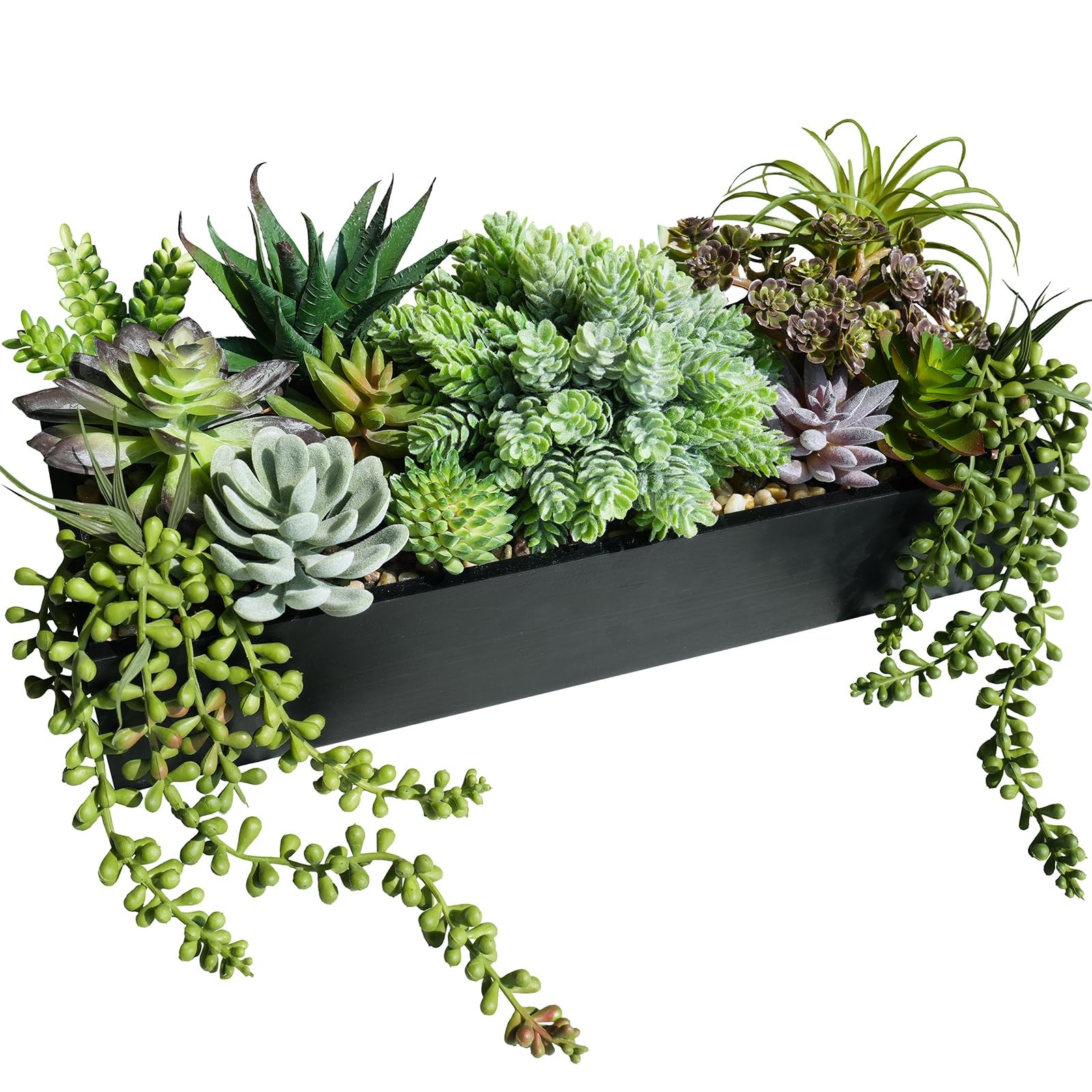 15″ Artificial Succulents Arrangement Faux Succulents in Rectangular Black Wo…