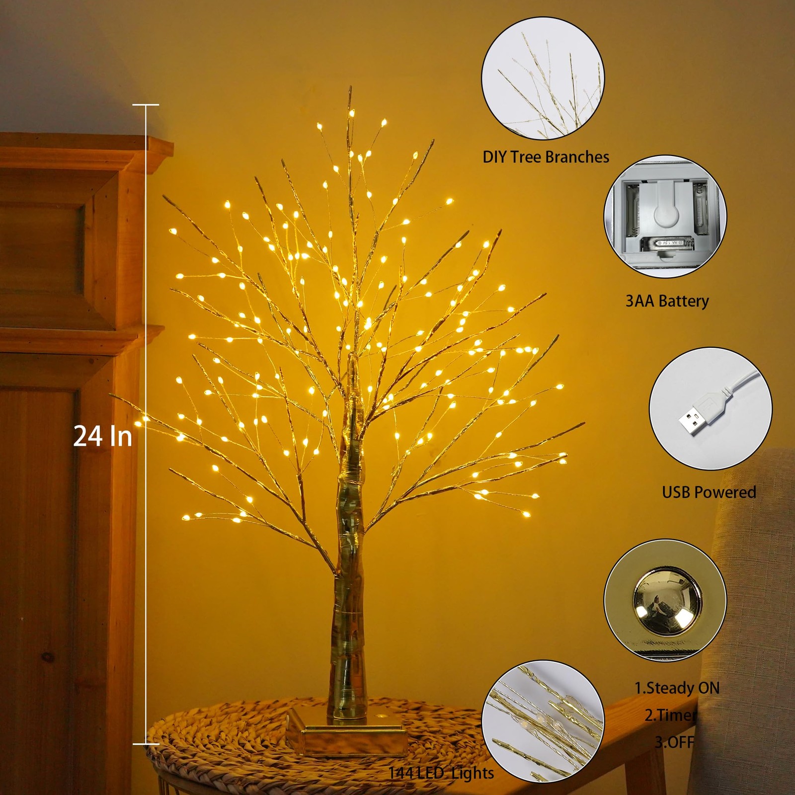 144 Artificial Tree Lamp with Timer, DIY Birch Tree with Lights, Lighted up T…
