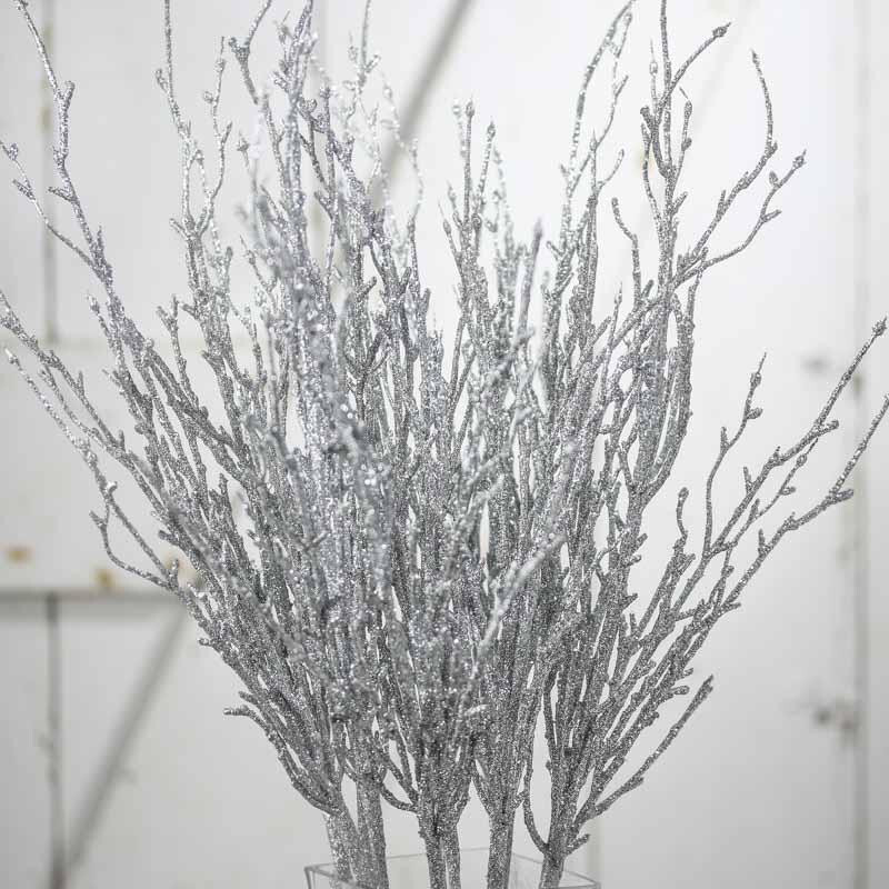 Group of 12 Glitzy Silver Glitter 22″ Twig Branches Embellishing Stems