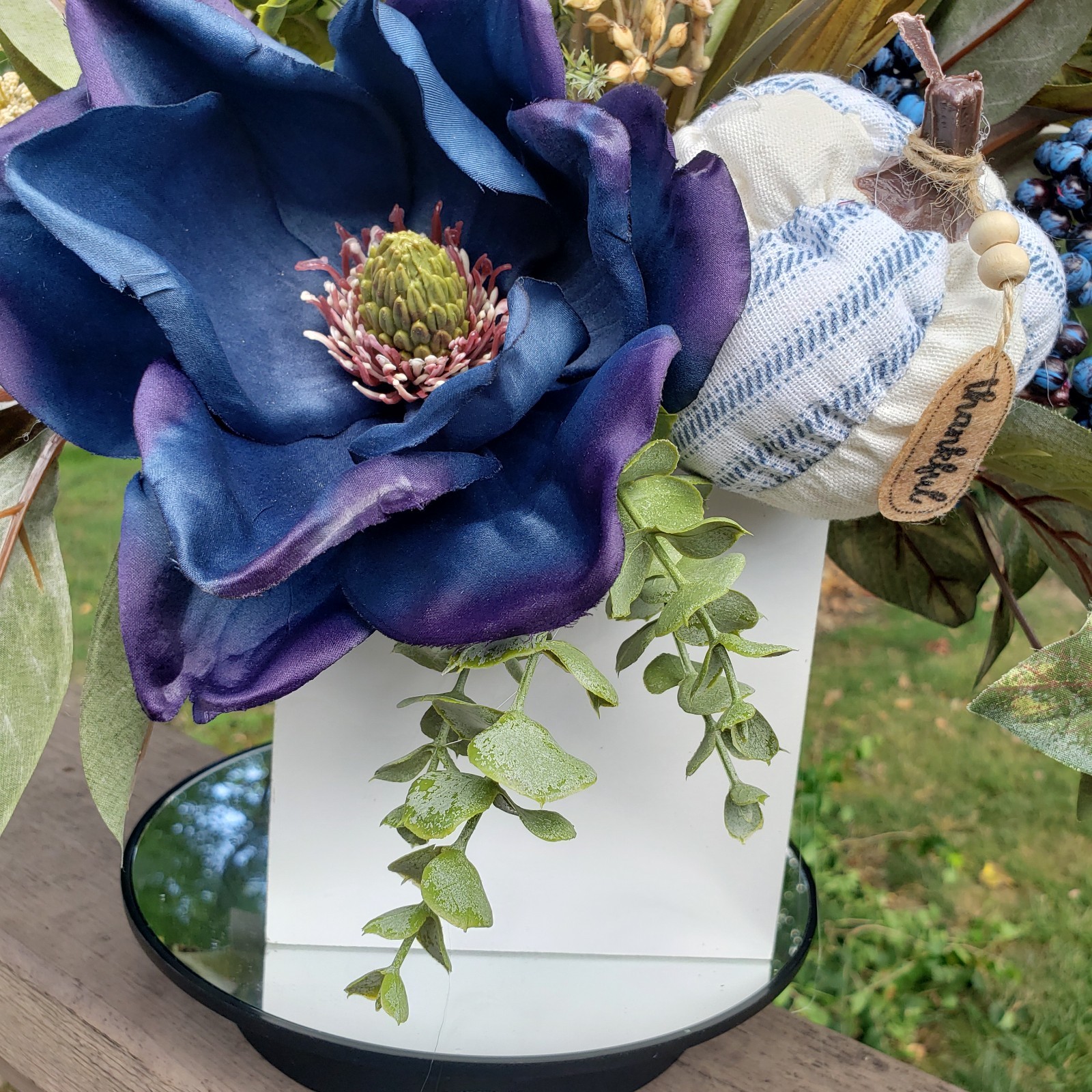 Navy Blue Fall Floral Arrangement Pumpkin Accent, Autumn Magnolia Arrangement