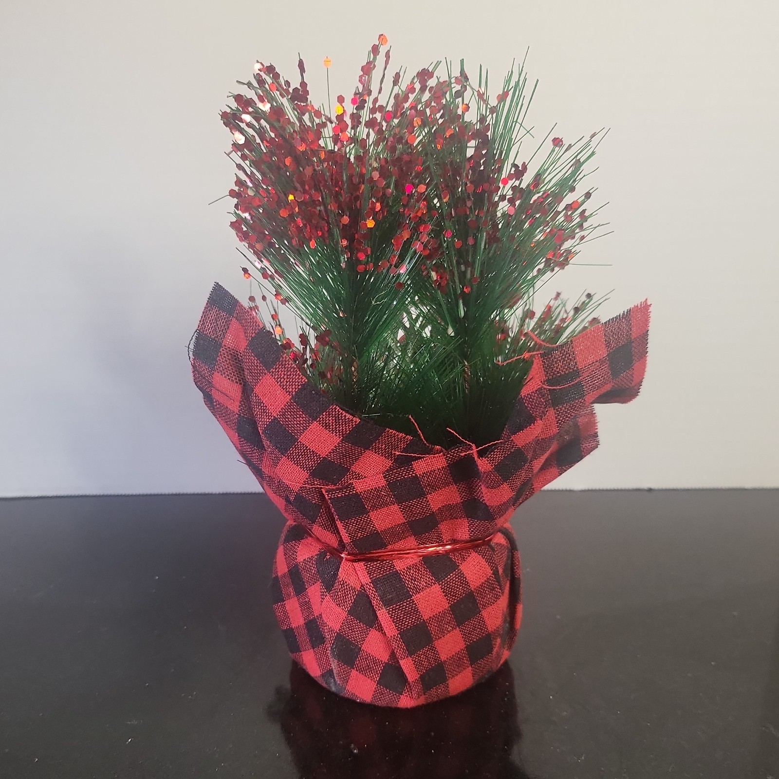 Artificial Christmas Pine & Berry Arrangement Centerpiece w/ Buffalo Plaid Wrap