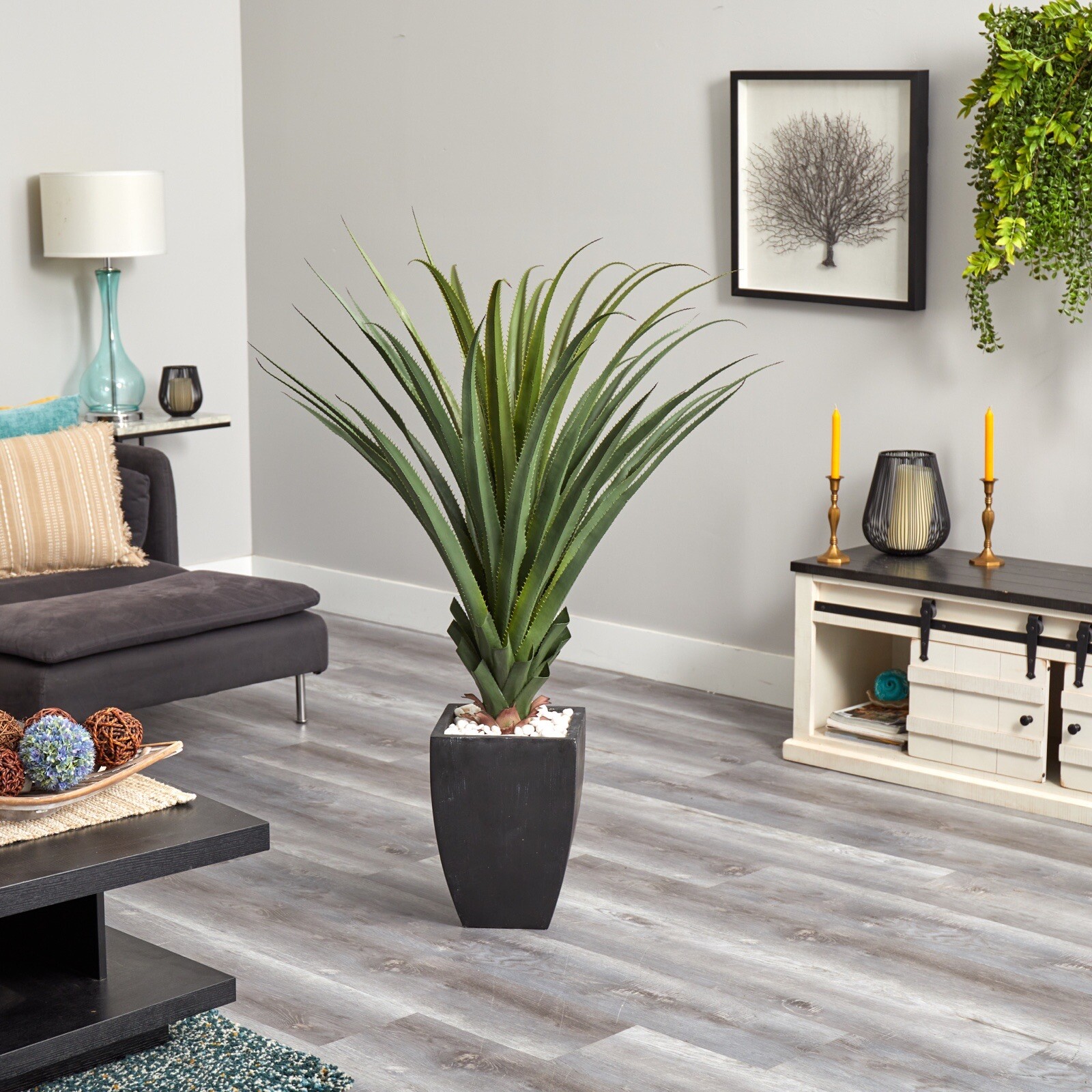 4.5’ Spiked Agave Artificial Tree in Black Planter (Indoor/Outdoor). Retail $320