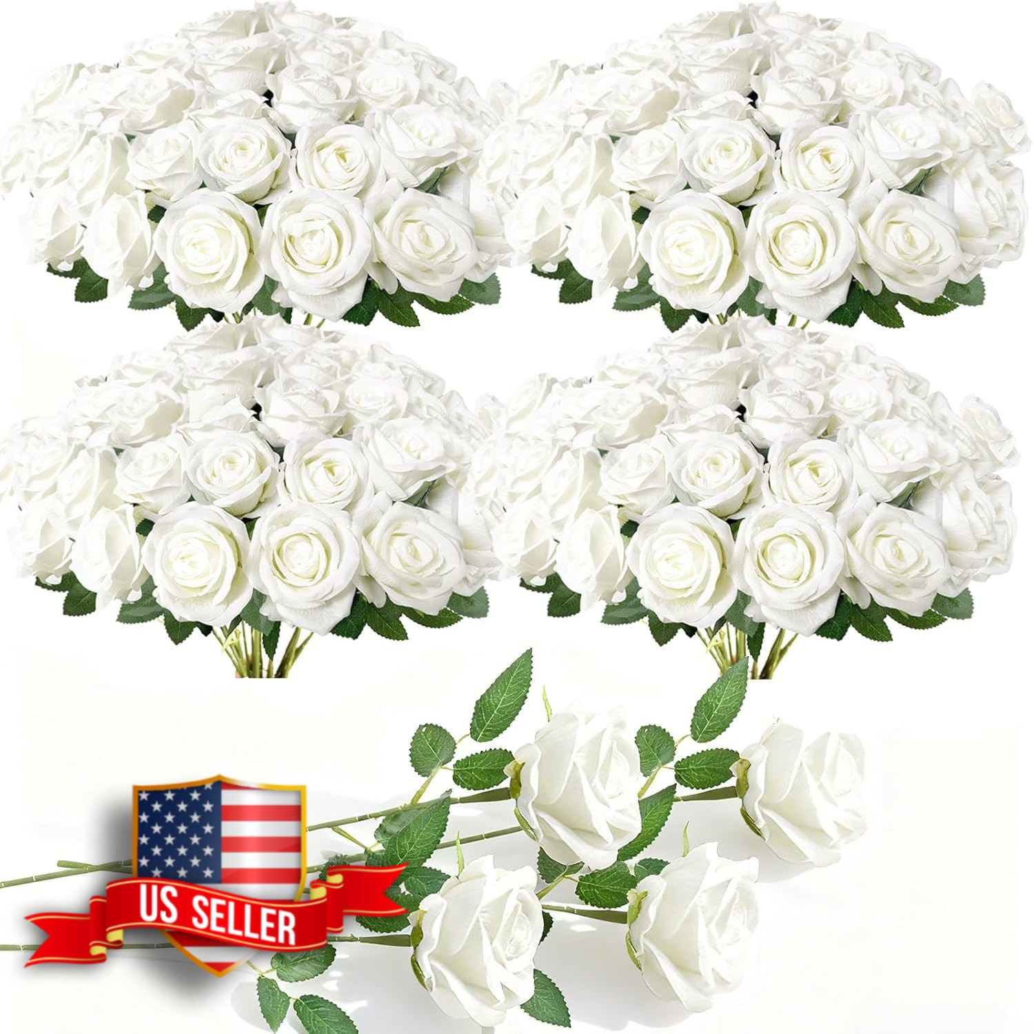 100 Pcs White Artificial Roses with Stems for Wedding Home Decor