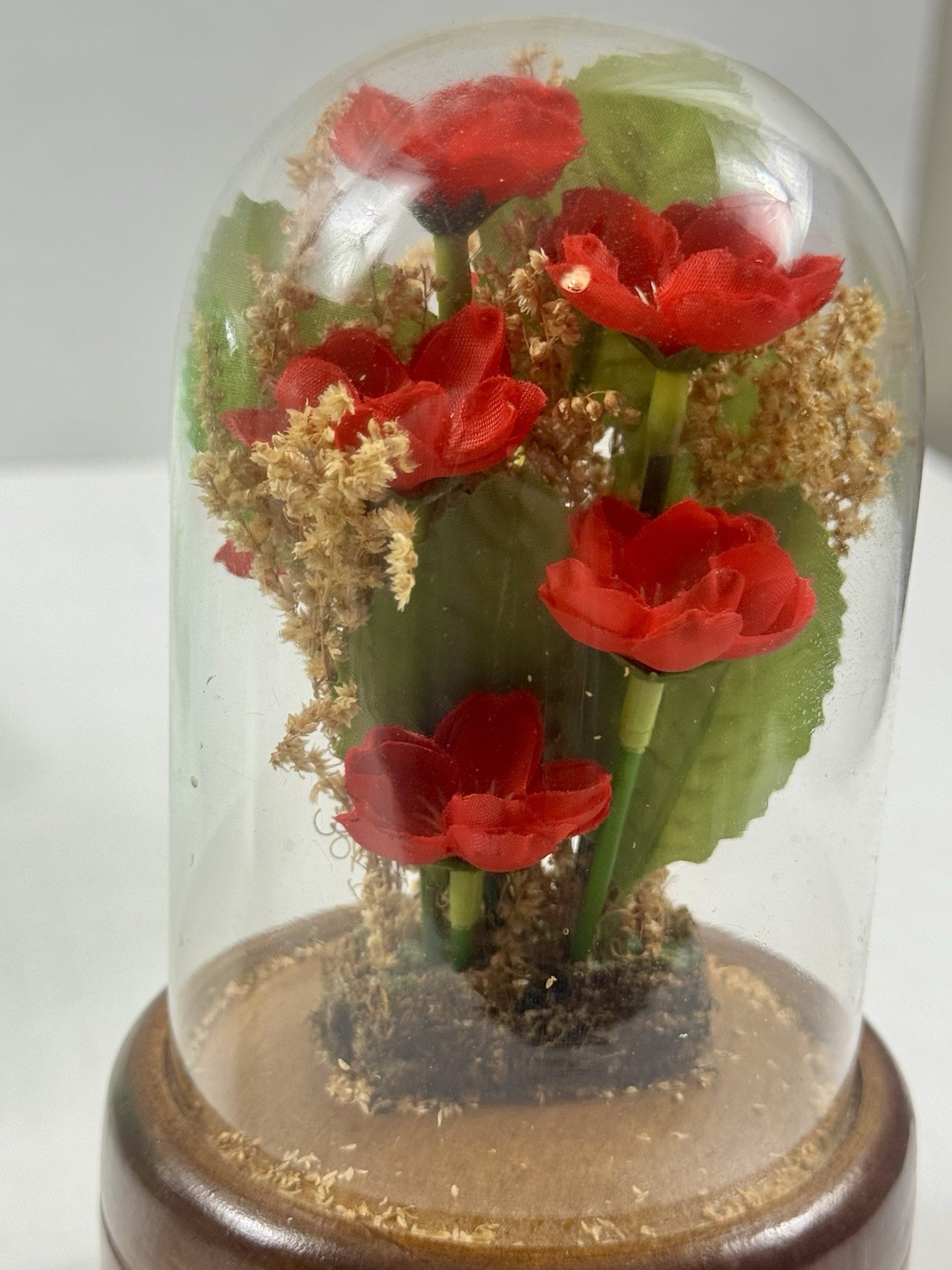 Artificial Red Rose Flower Arrangement in Glass Dome with Wood Base, 6 in Tall