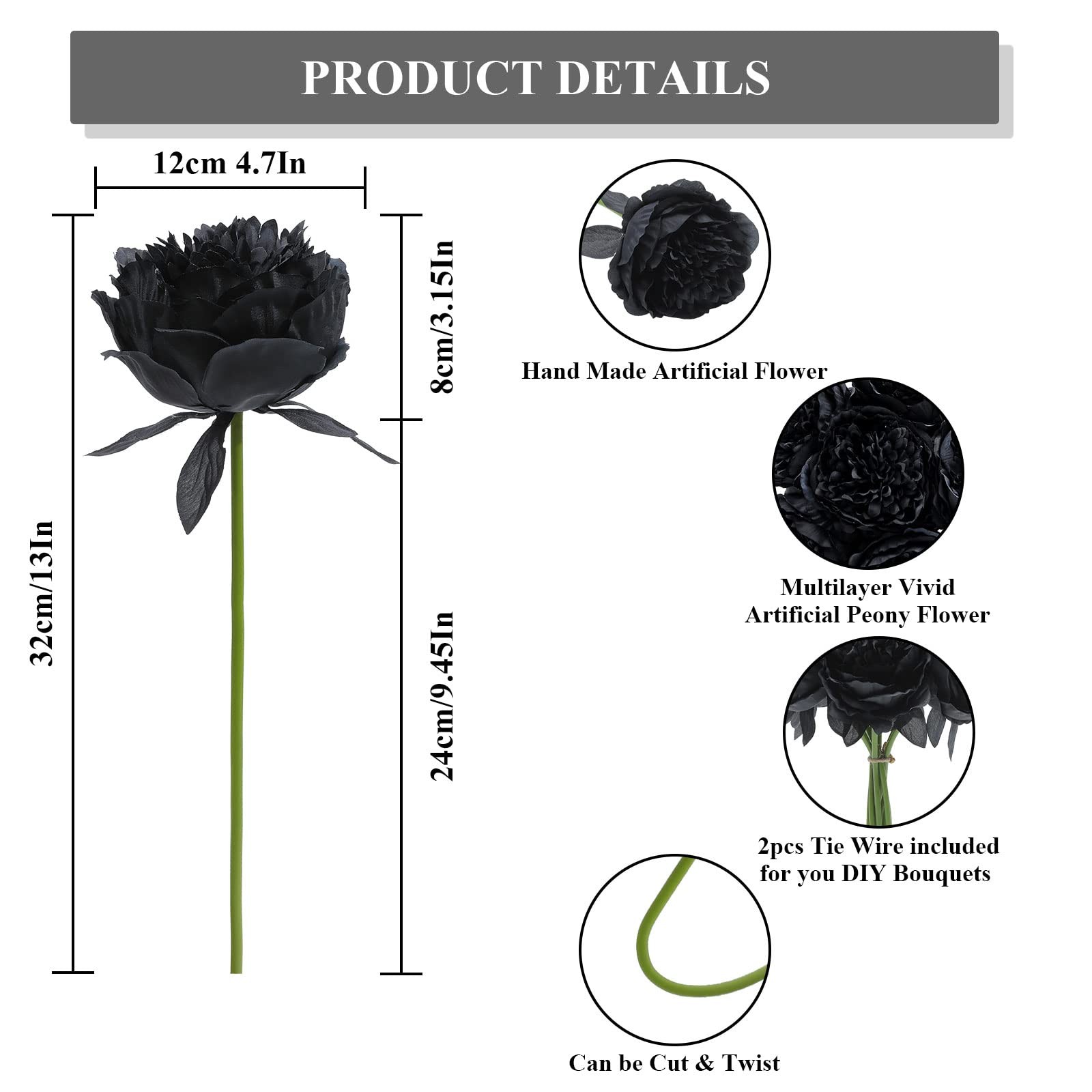 10 Heads Artificial Peony Silk Flower Leaf Home Office Wedding Decor Black
