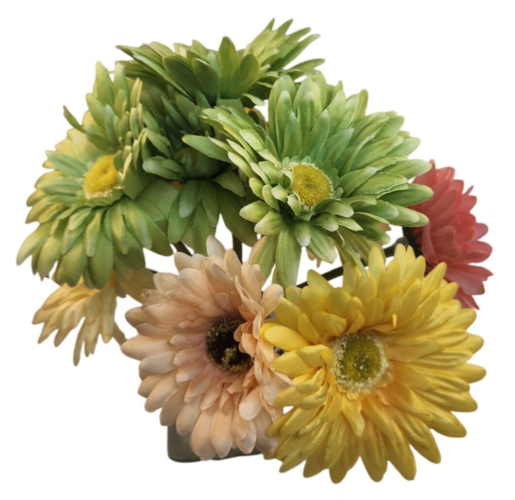 Silk Gerbera Daisy Floral Arrangement – Green Yellow & Pink Multicolor