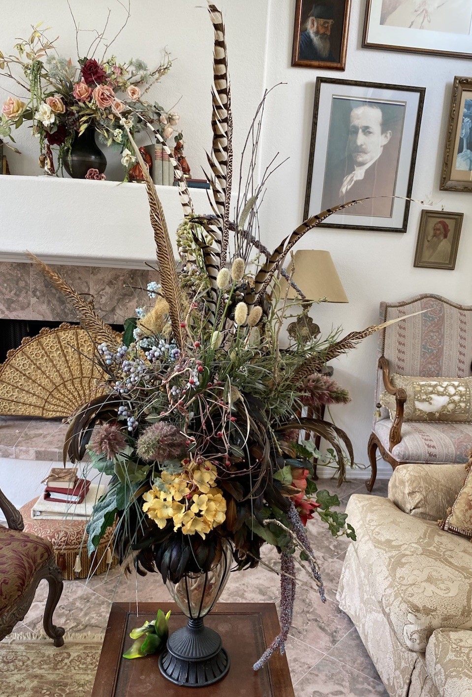 XL Custom Designer Muted Floral Arrangement W Pheasant Feathers, Silk & Dried