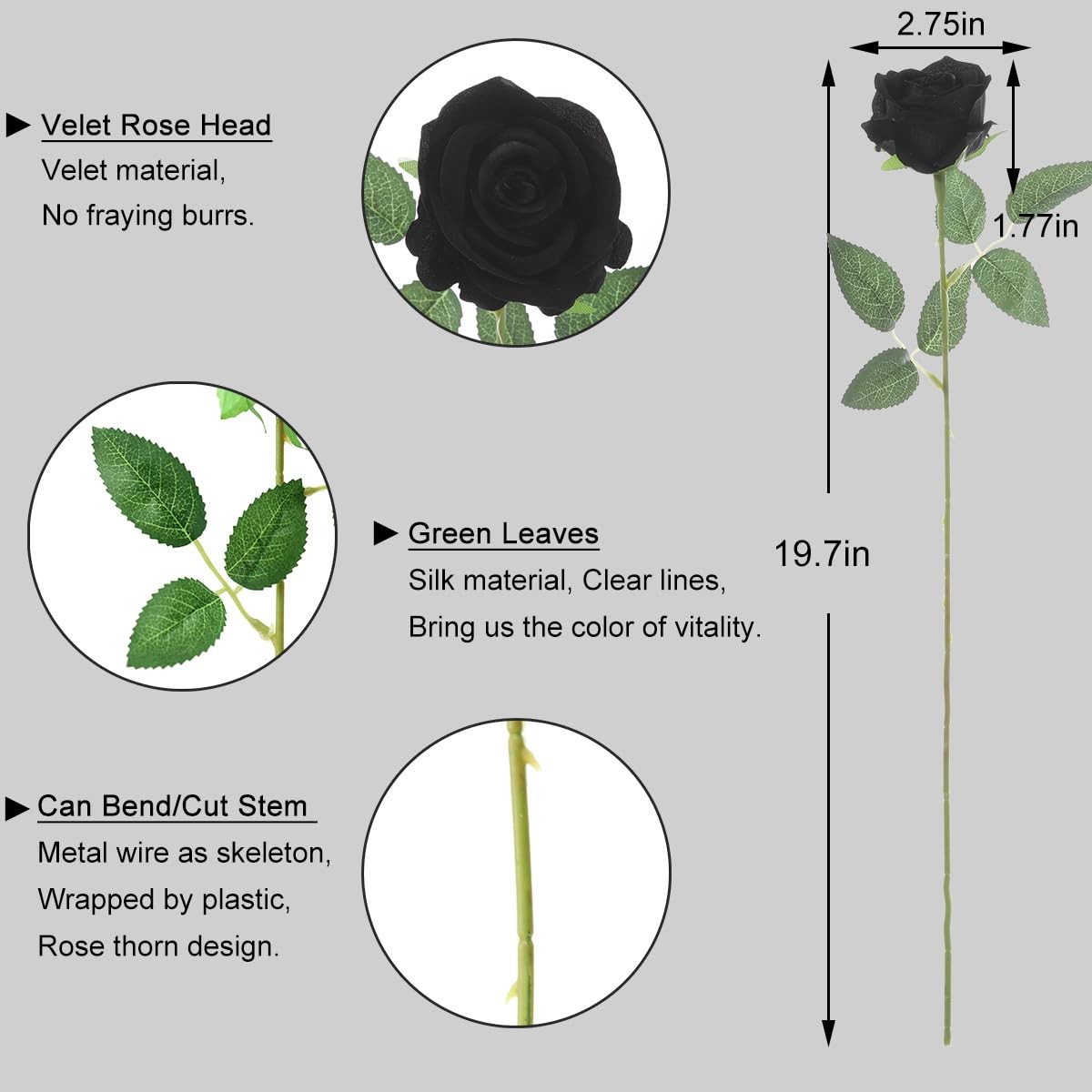 12 PCS Black Roses Artificial Flowers Faux Velvet Silk Roses Home Wedding