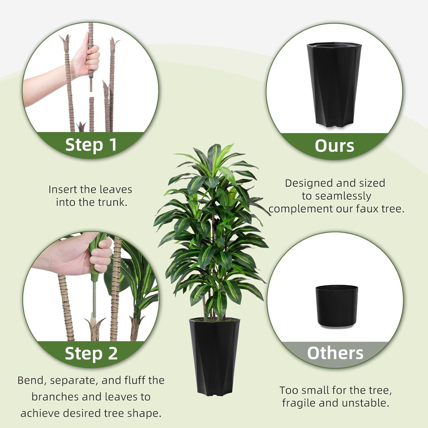 Artificial Dracaena Tree 5FT – Faux Plant with Black Diamond Planter – Tall Fake