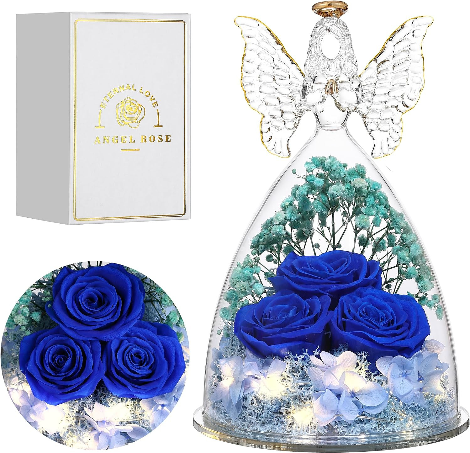 Mothers Day Rose Gifts for Women Preserved Real Flower in Glass Angel Figurines