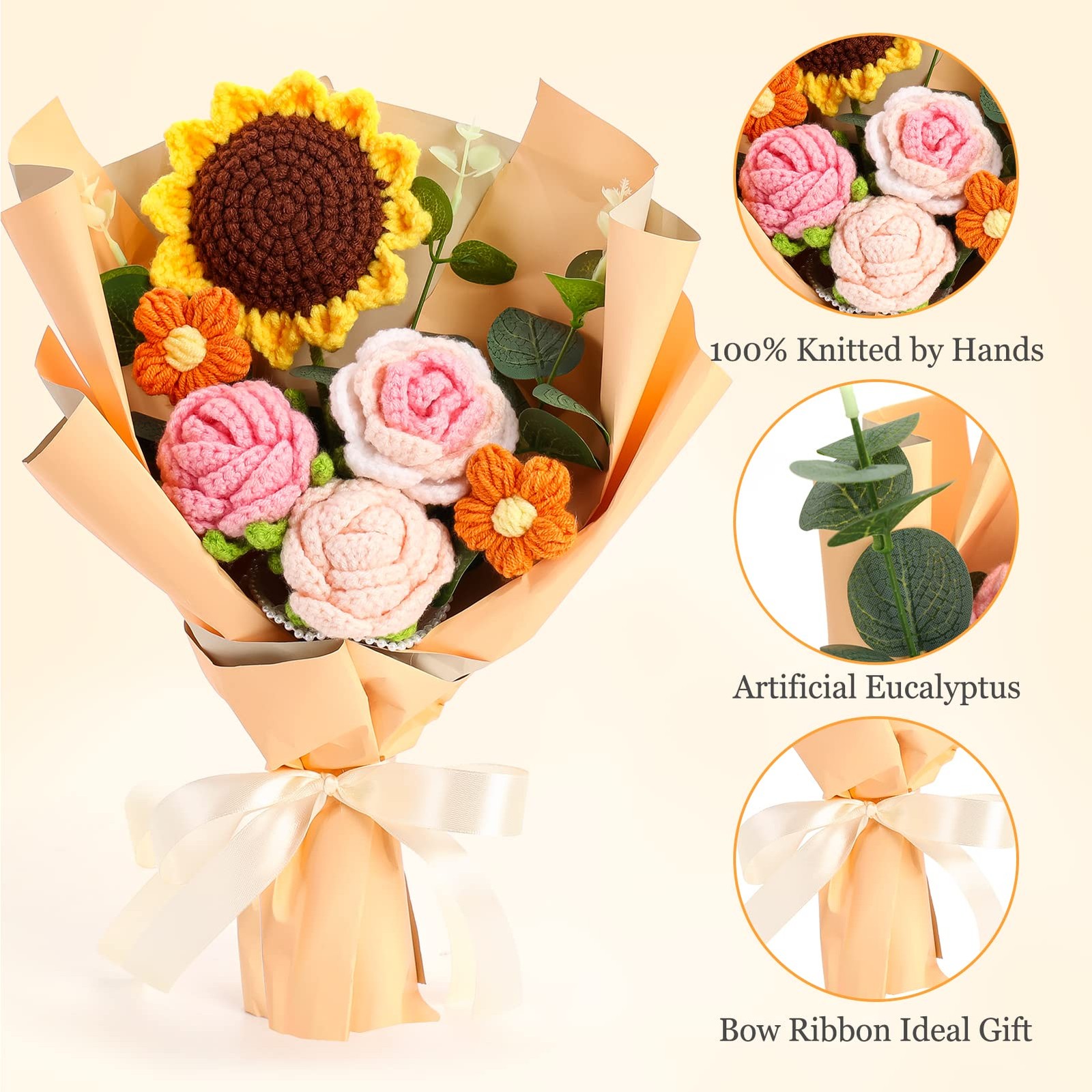 Completed Crochet Flower Bouquet, Orange Handmade Knitted Bouquet, Crochet Bo…