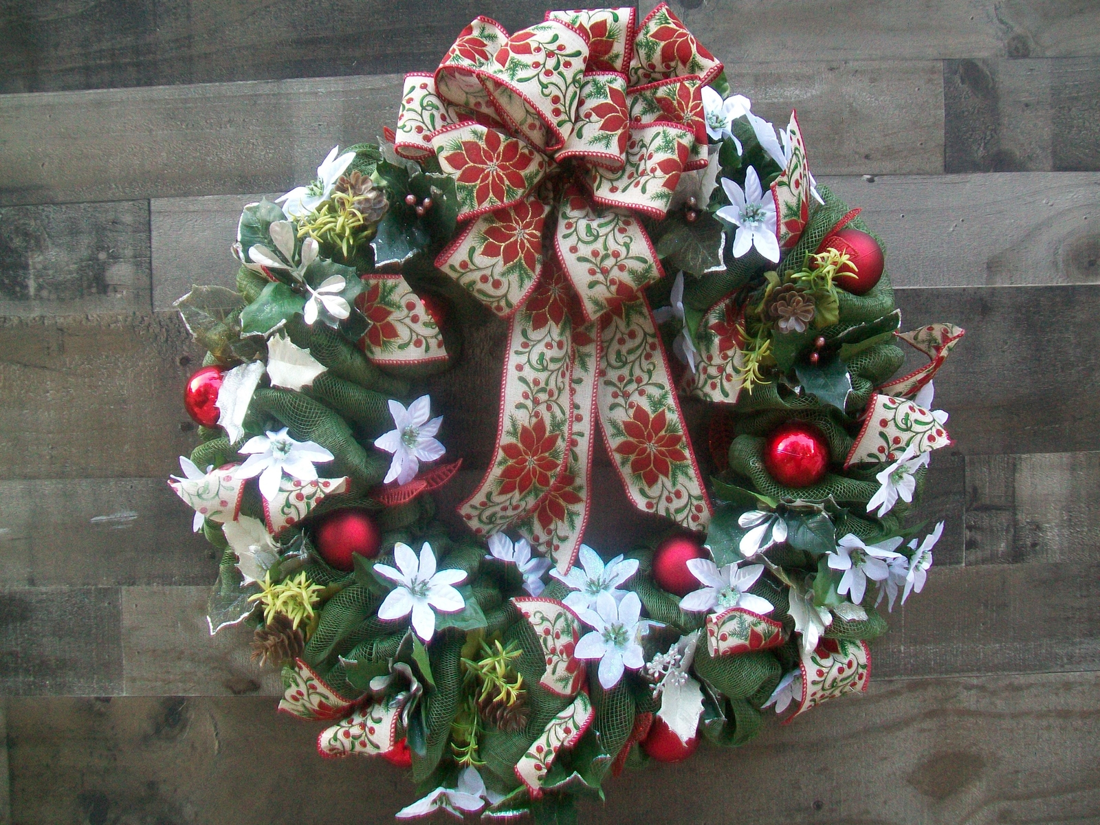 Christmas Olive Red White Poinsettia Mesh Wreath