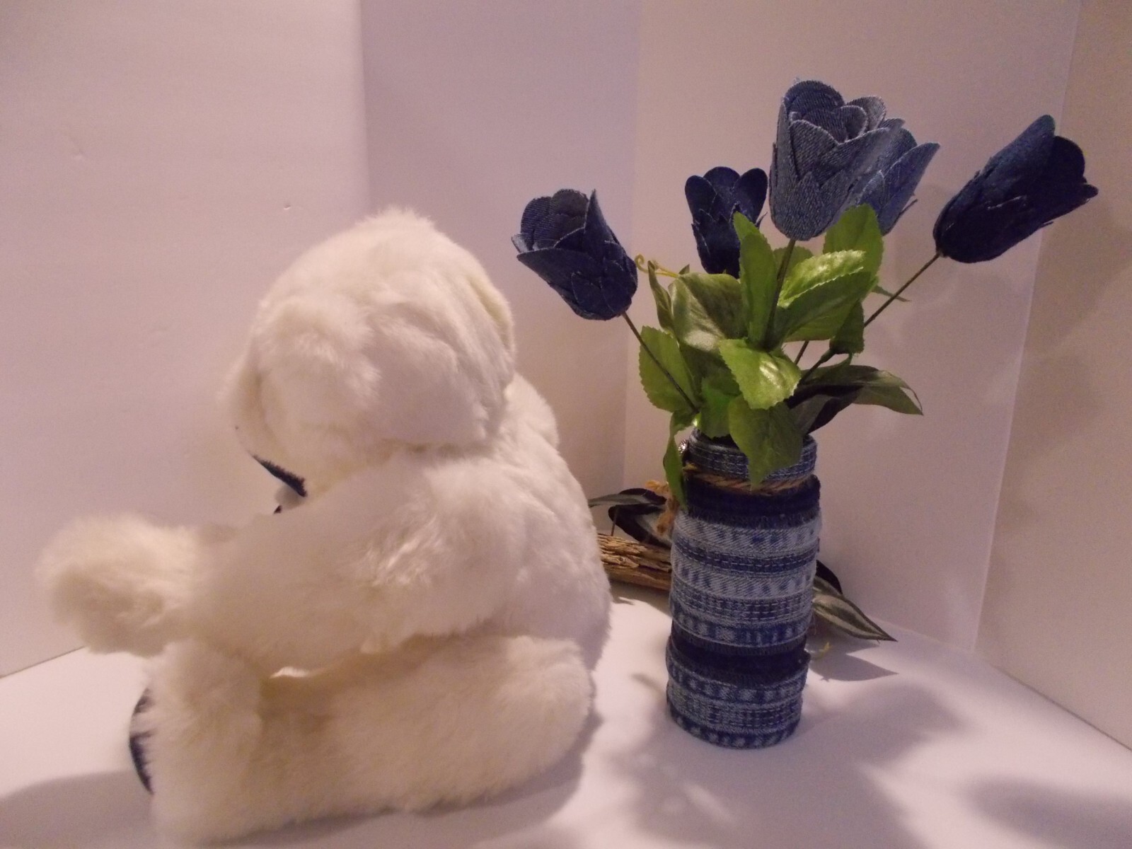 Handcrafted Denim 6 Rose Bouquet in Denim Seams Vase w Teddy Bear Upcycled Denim