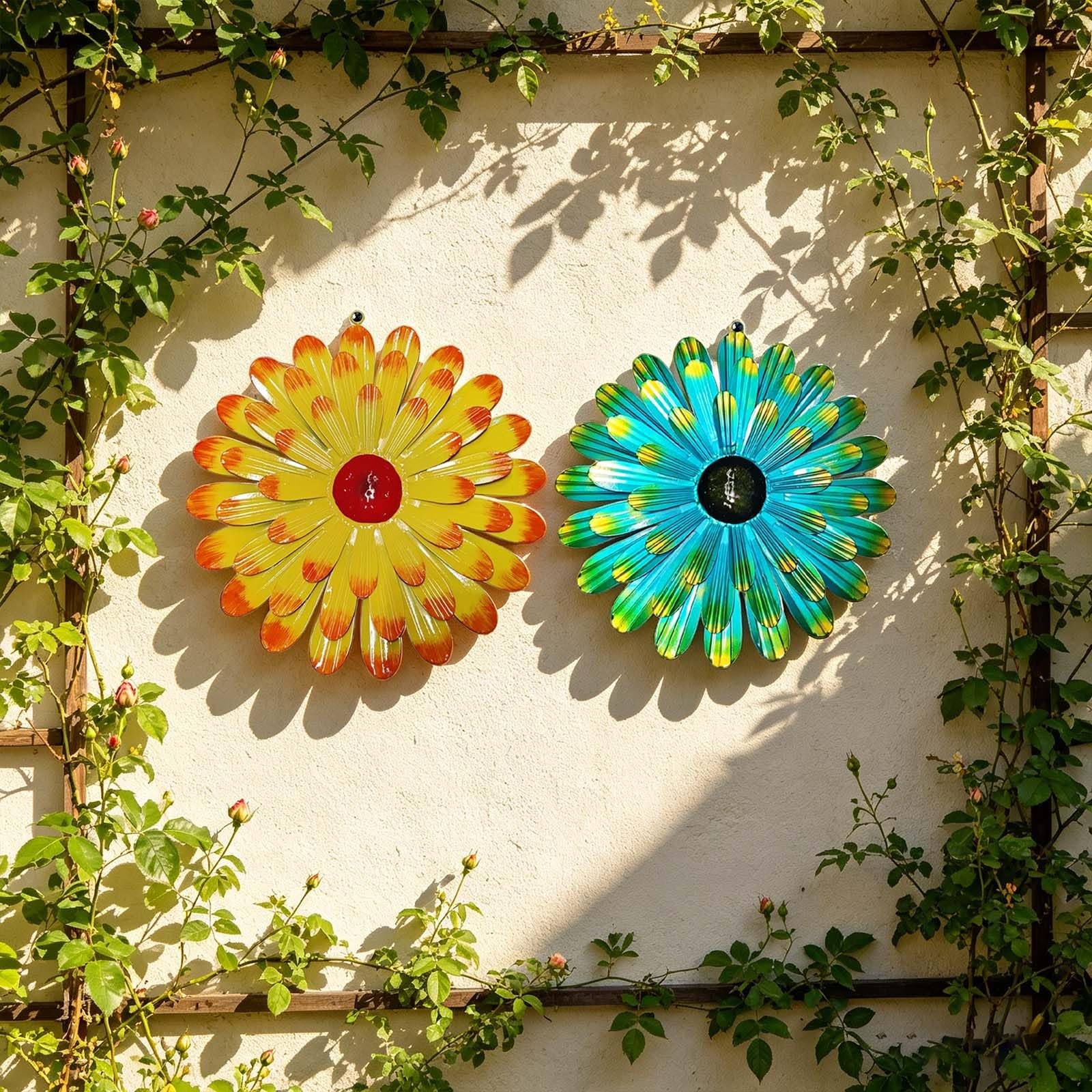 2 Pcs Green Metal Floral Wall Decor 3D Layered Flower Sculptures