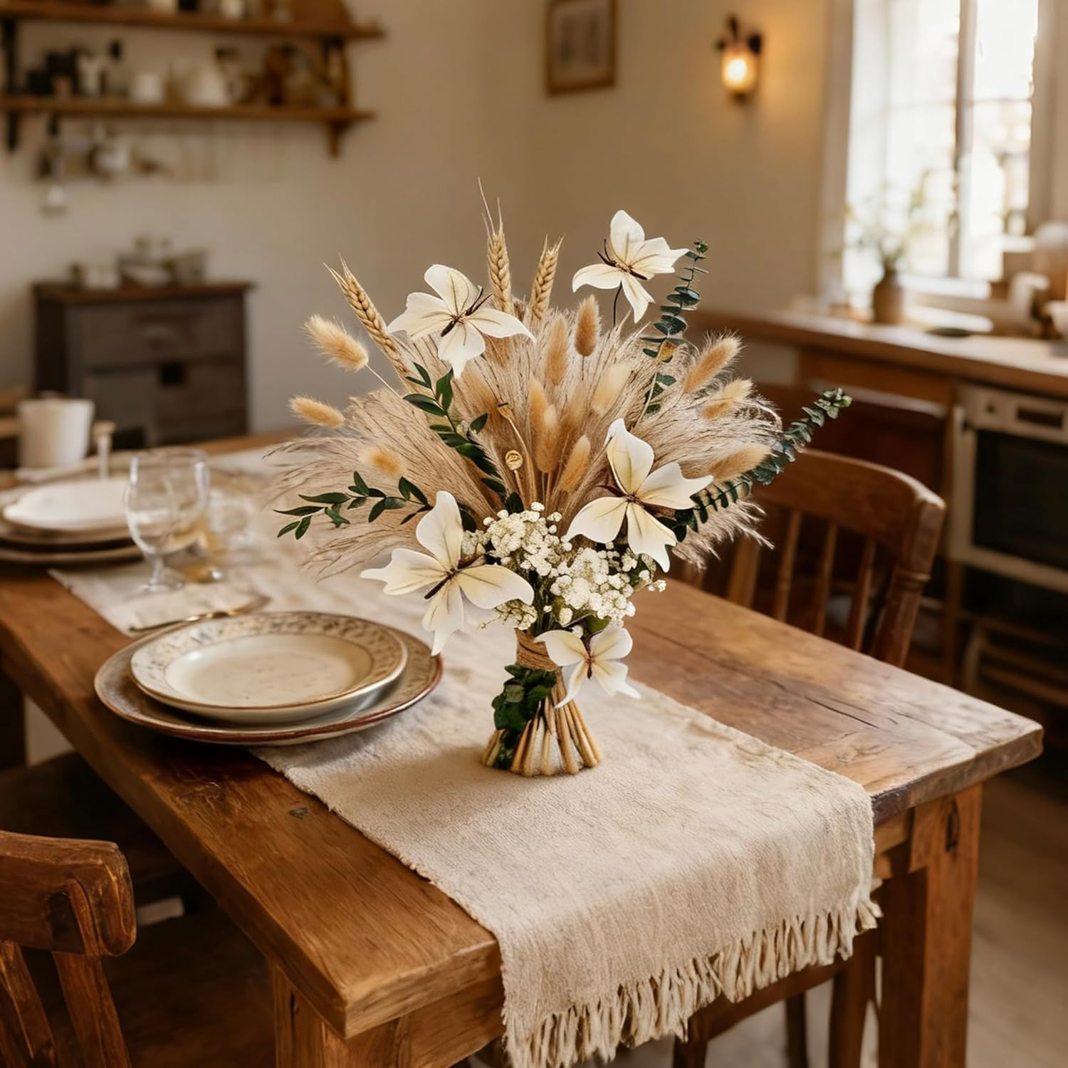 Pampas Grass Dried Flower Bouquet for Boho Home Decor | Eucalyptus, Butterflies