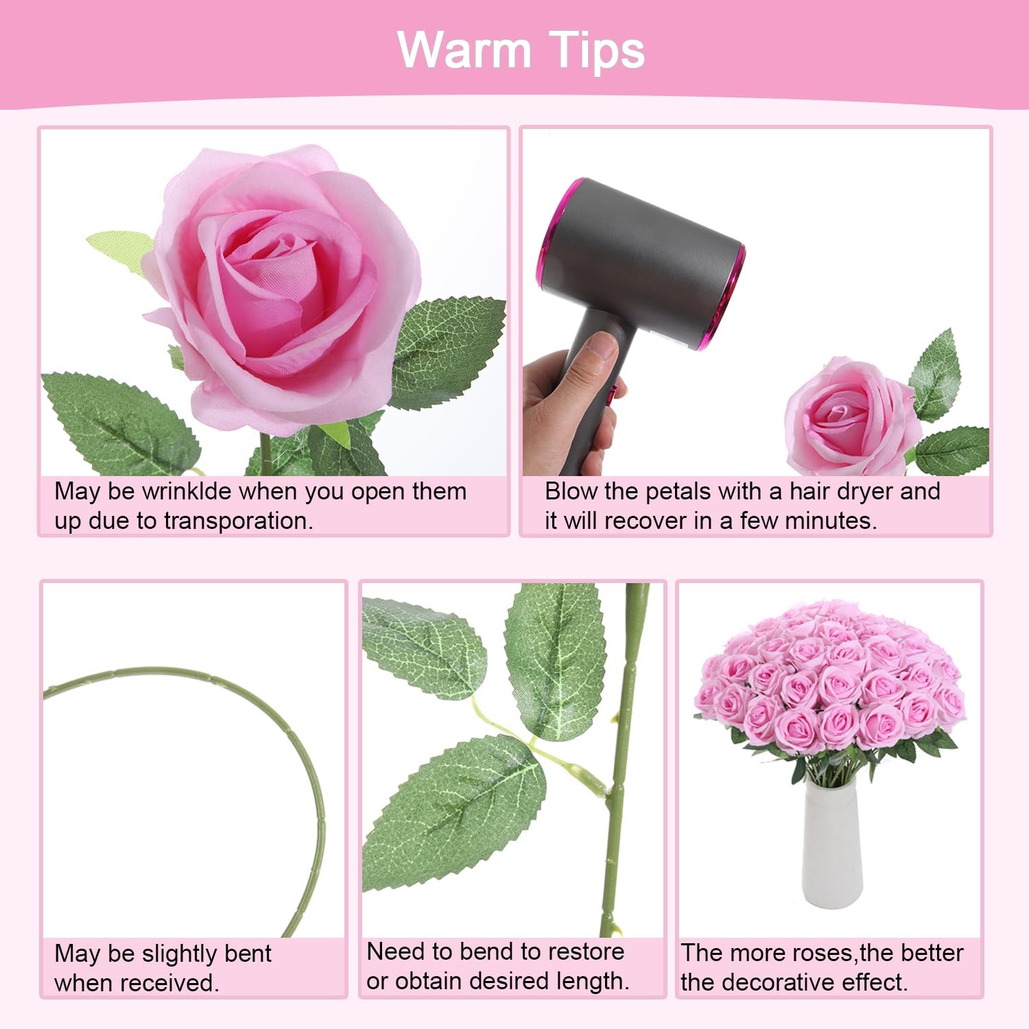 Pearl Gradient Pink Faux Velvet Silk Artificial Fake Roses Flowers 12 PCS