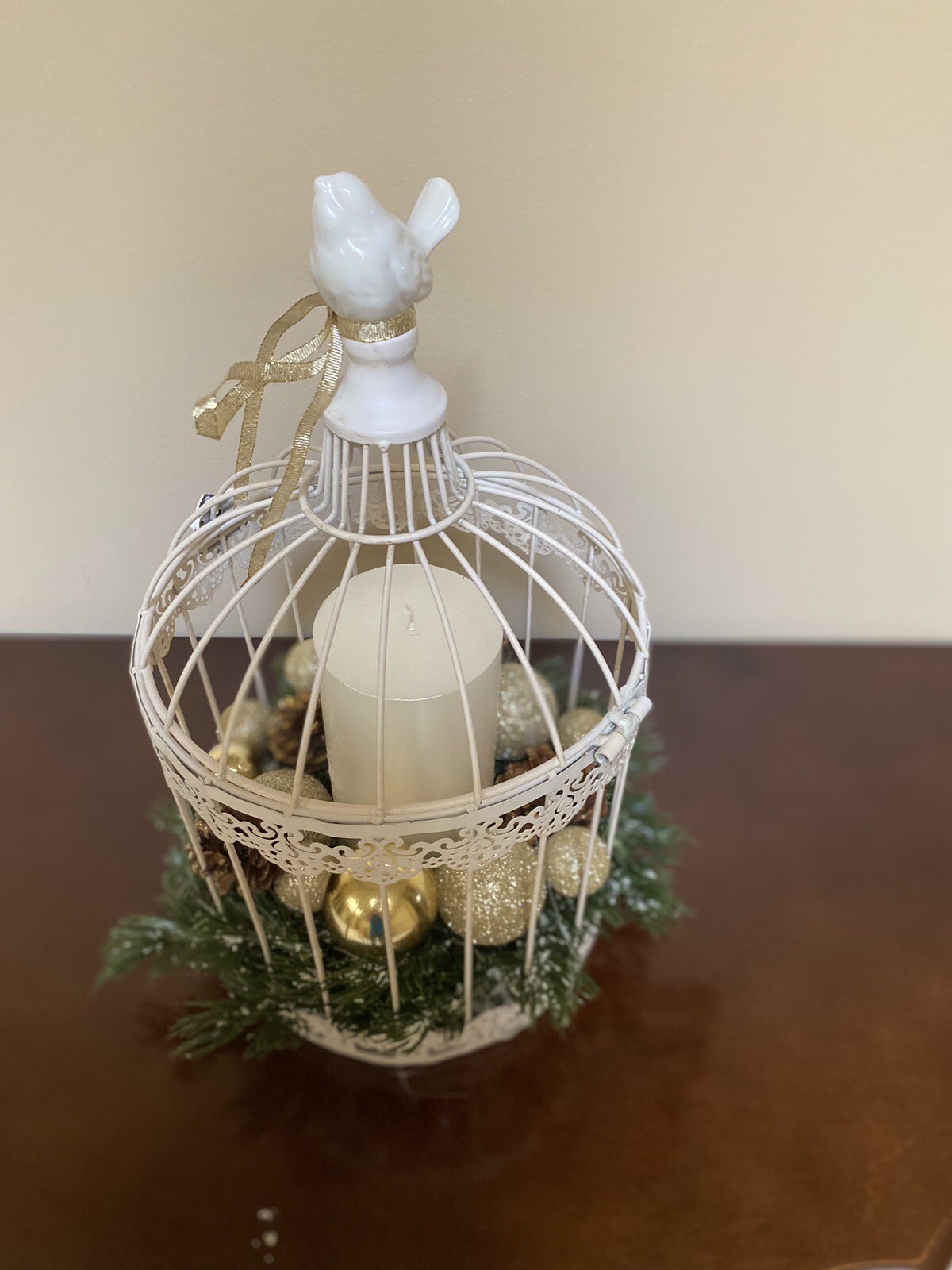 Vintage Christmas Birdcage with Gold Highlights & Pillar Candle