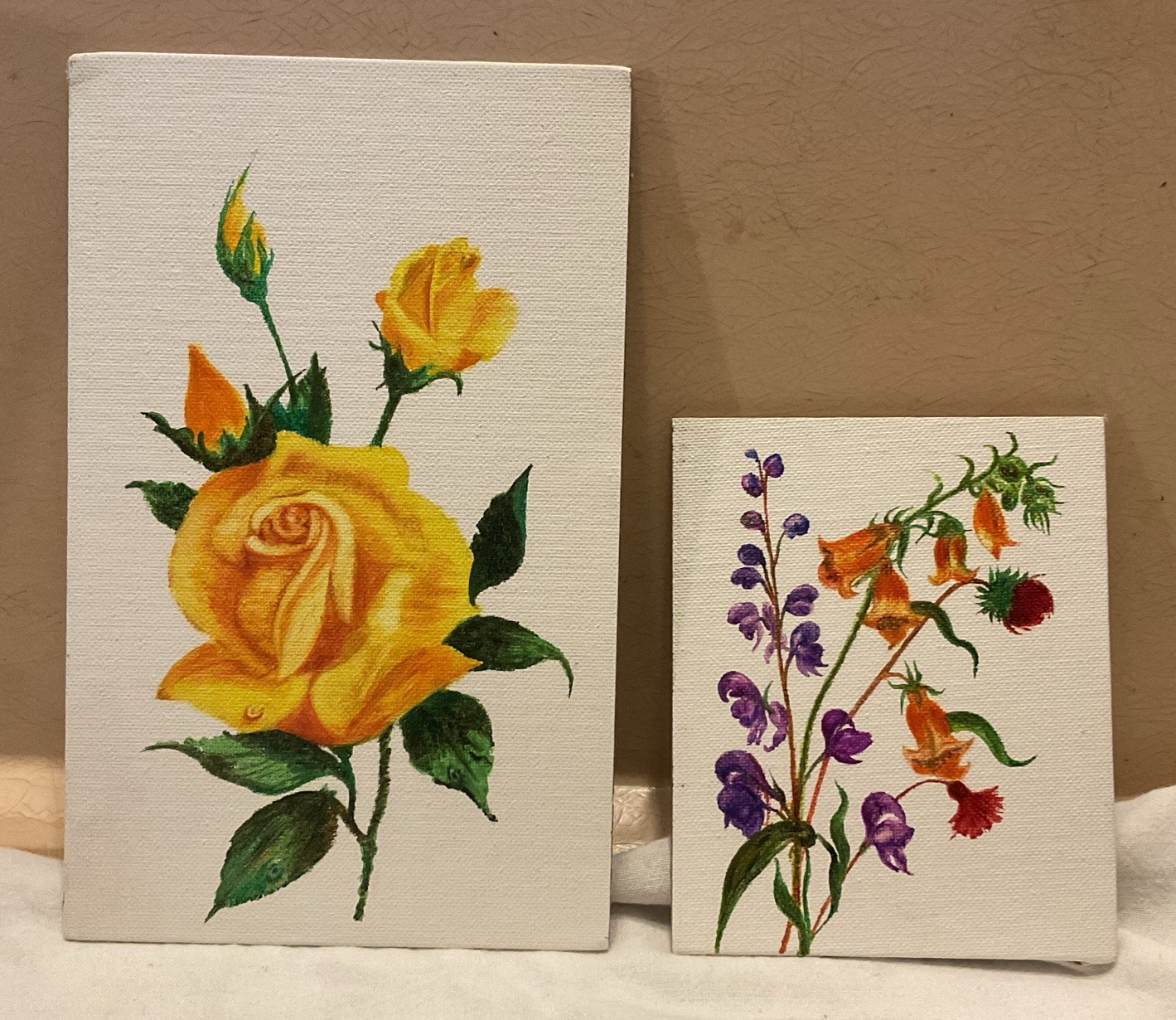2 Handpainted Pictures Yellow Roses/Variety Of Flowers On Canvas Board