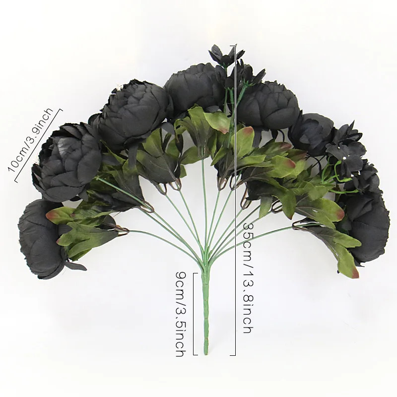 12-Head Black Peony Rose Hydrangea Artificial Bouquet DIY Wedding Decor Flowers