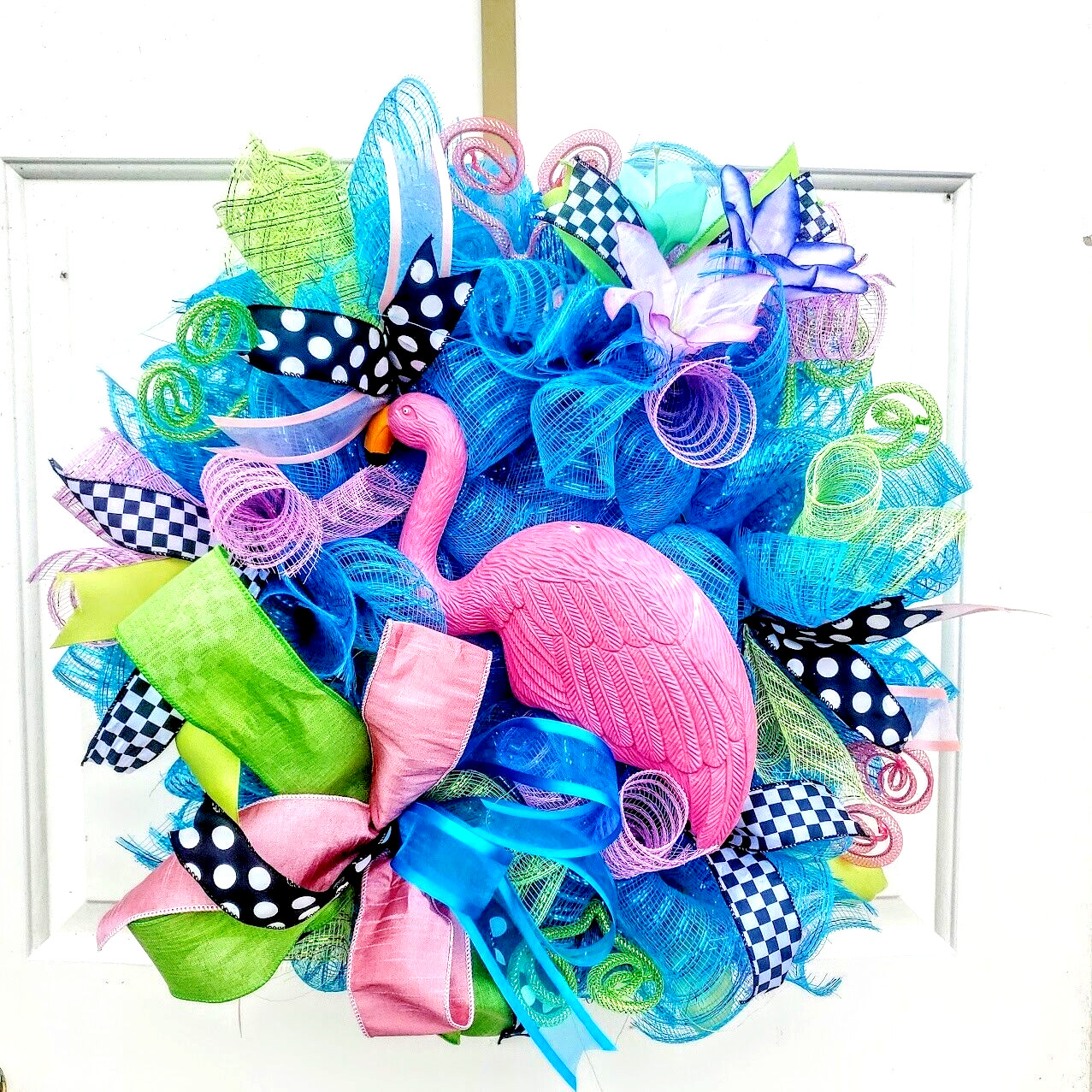 Spring Summer Pink Flamingo Wreath Large 24″ Handmade Deco Mesh Door Decoration