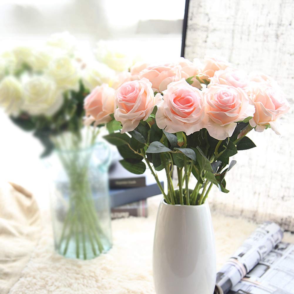10 PCS Artificial Silk Rose Flowers Real Looking Pink Blush Bridal Bouquet