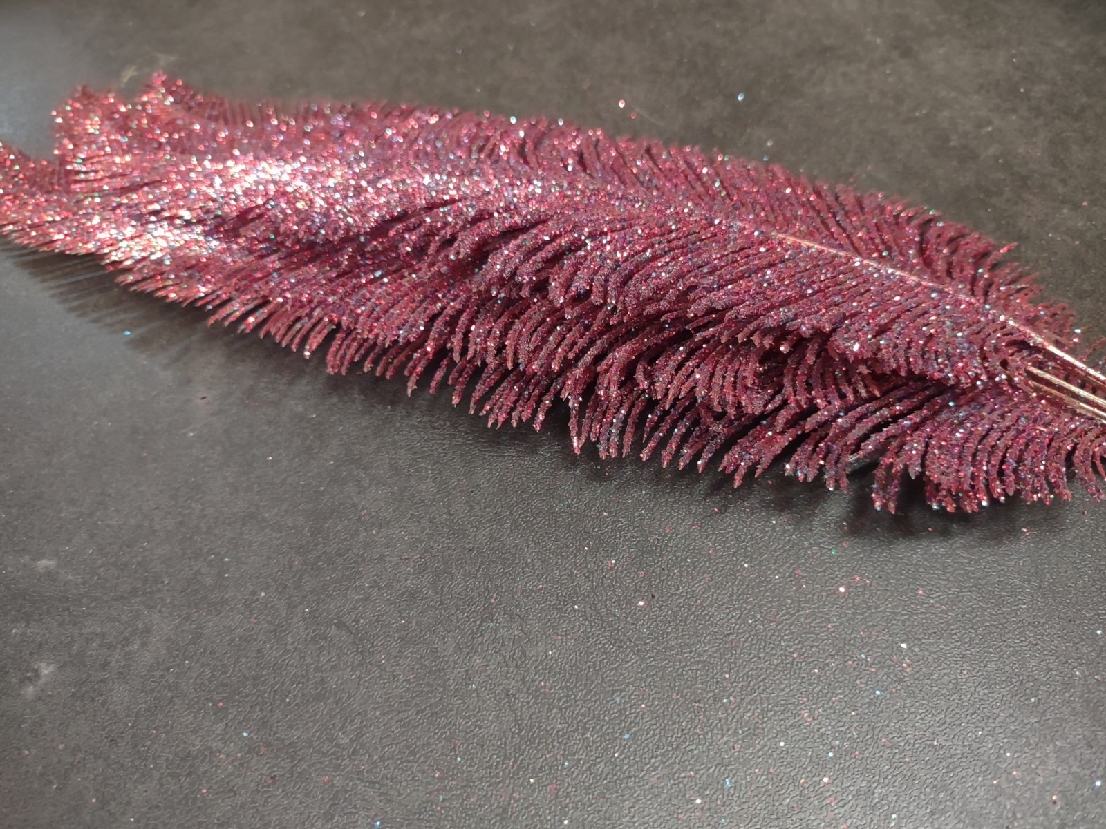 6 Pieces: Retro Plastic Feather Fern, Purple Red & Blue Glittered, Wired 15″