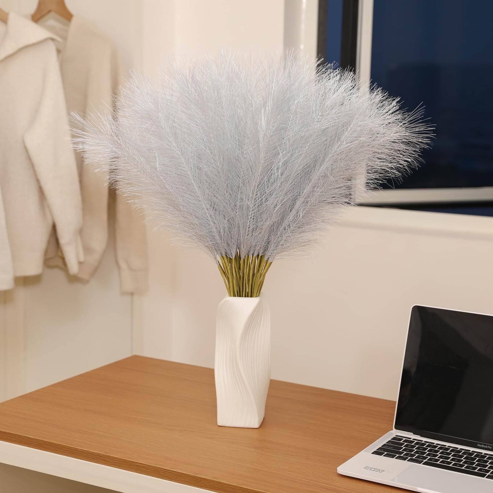 Faux Silver Pampas Grass 30 PCS 24 Inch Short Artificial Vase Filler Floral