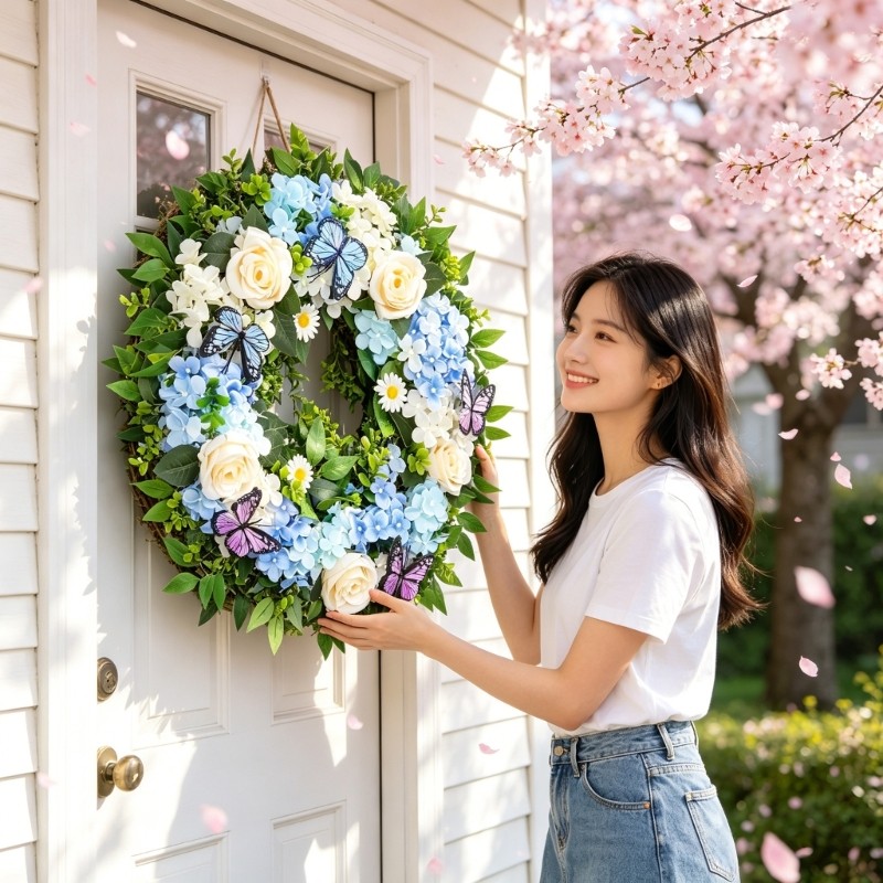Realistic Artificial Hydrangea Flower Wreath for Front Door Wedding Party