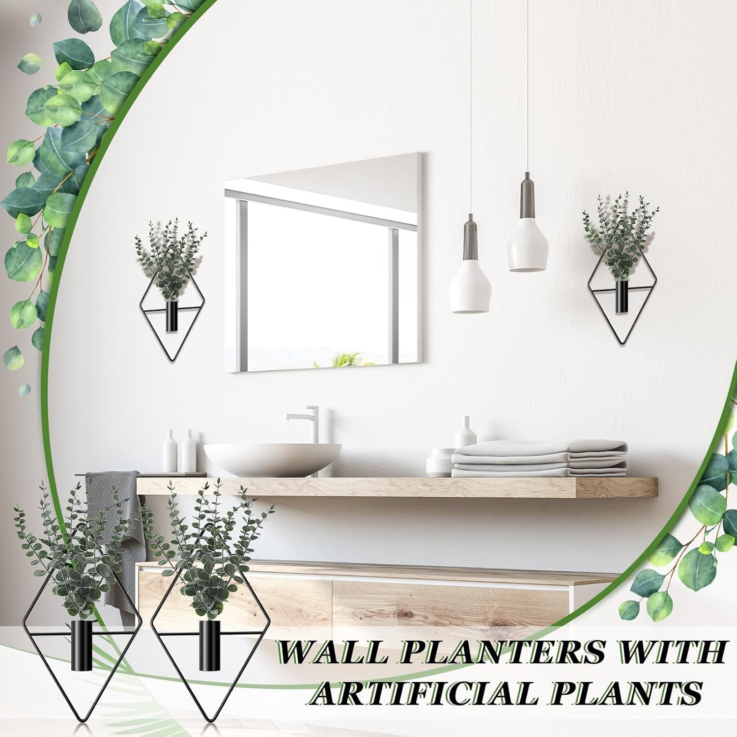 Jexine 4 Pcs Hanging Planters with Artificial Eucalyptus Metal Hanging Vase Indo