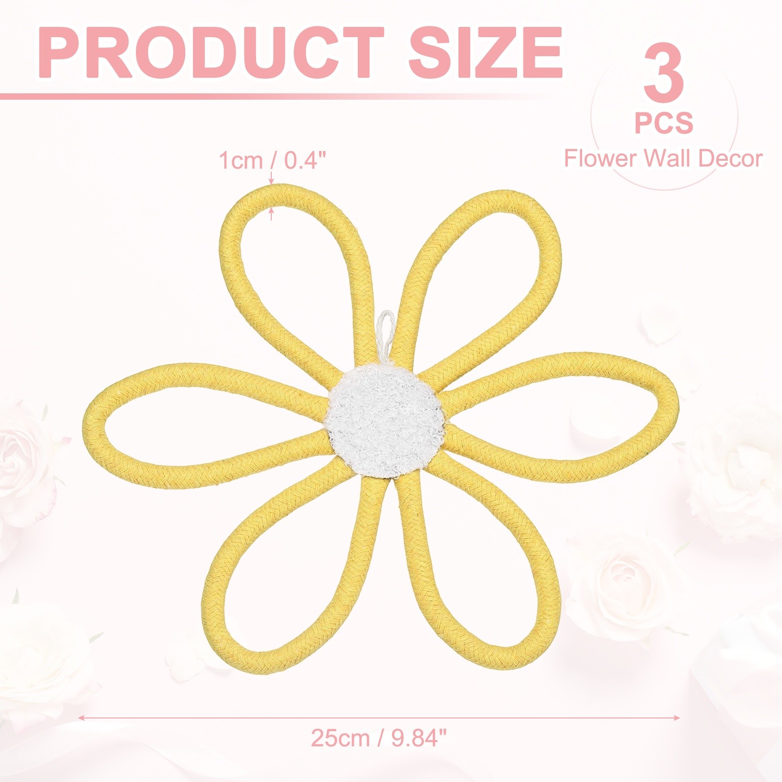 3Pcs Daisies Floral Wall Decor 10″ Flower Art Decor Woven Macrame Yellow,